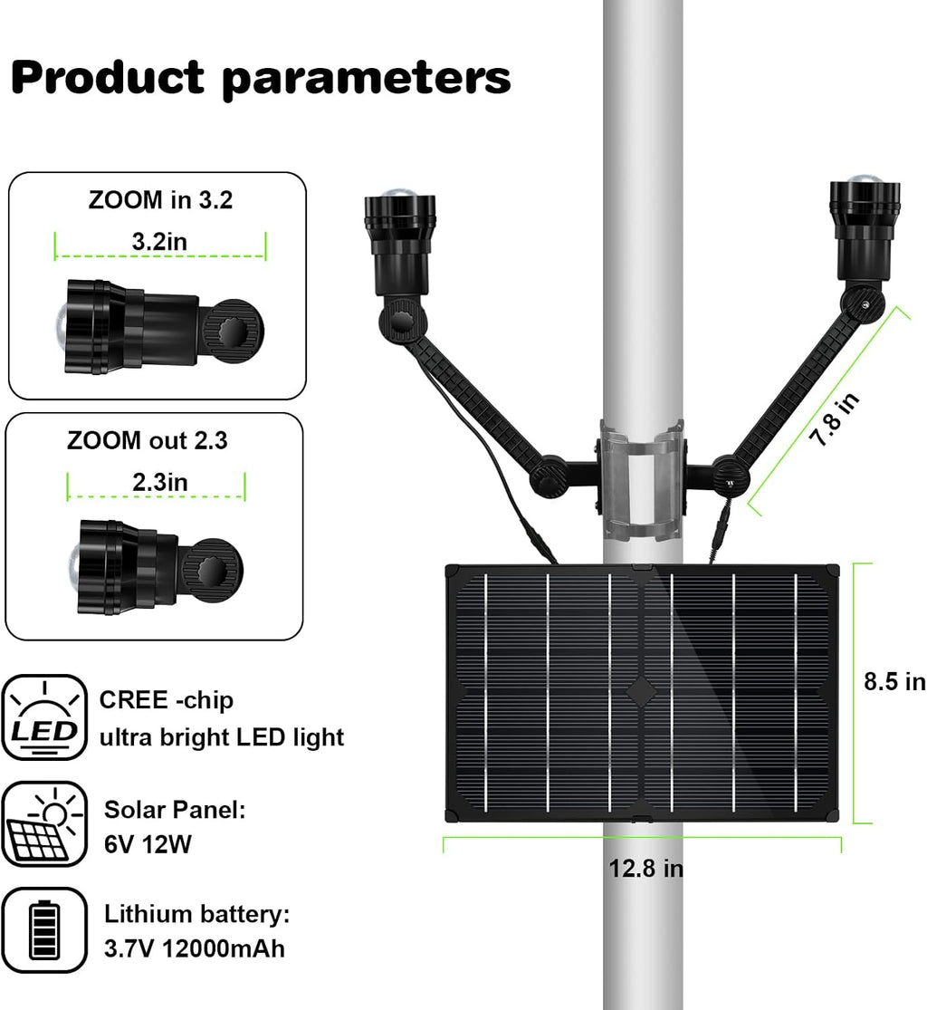 Flag Pole Light Solar Powered, 2-in-1 Super Bright Zoomable Solar Flag Light, 12000mAh 360 Degrees Illumination,Adjustable Bracket, Solar Flagple Light for Most Outdoor 15 to 40 Ft Flag poles