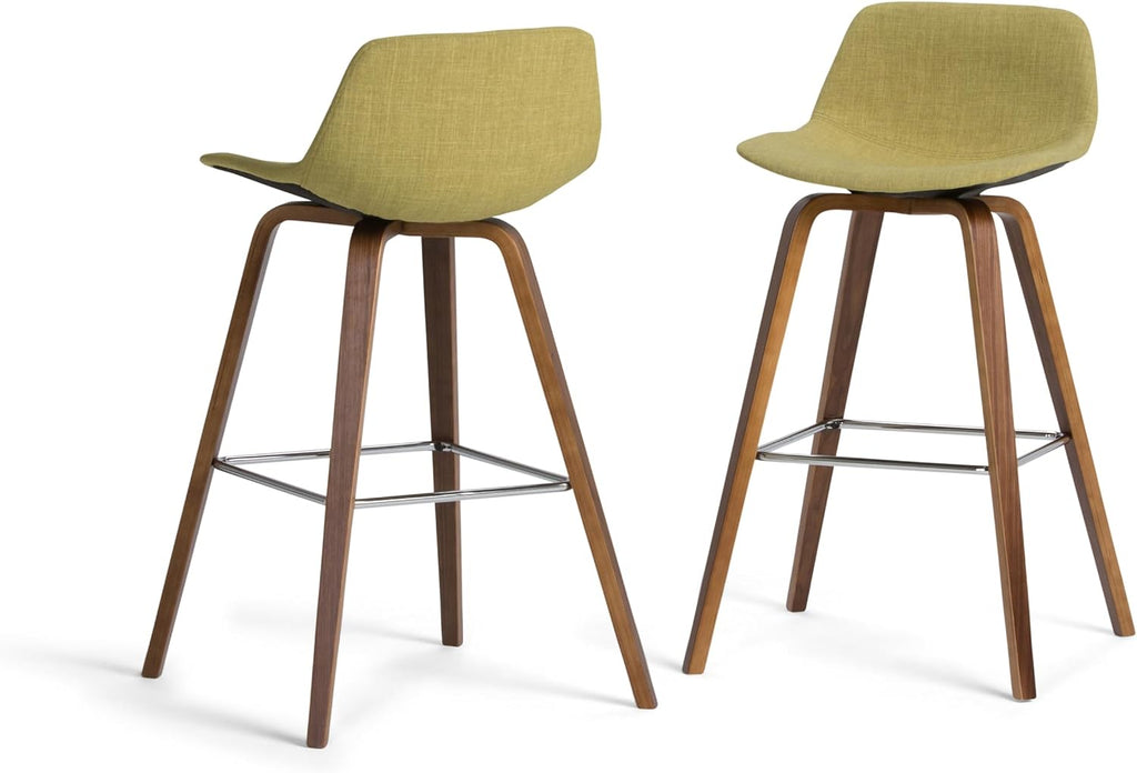 SIMPLIHOME Randolph Counter Stools (Set of 2) - 28 Inch Seat Height Upholstered Bentwood Bar Stools in Acid Green Linen Look Fabric, Mid Century Modern Seating with Curved Backrest and Footrest