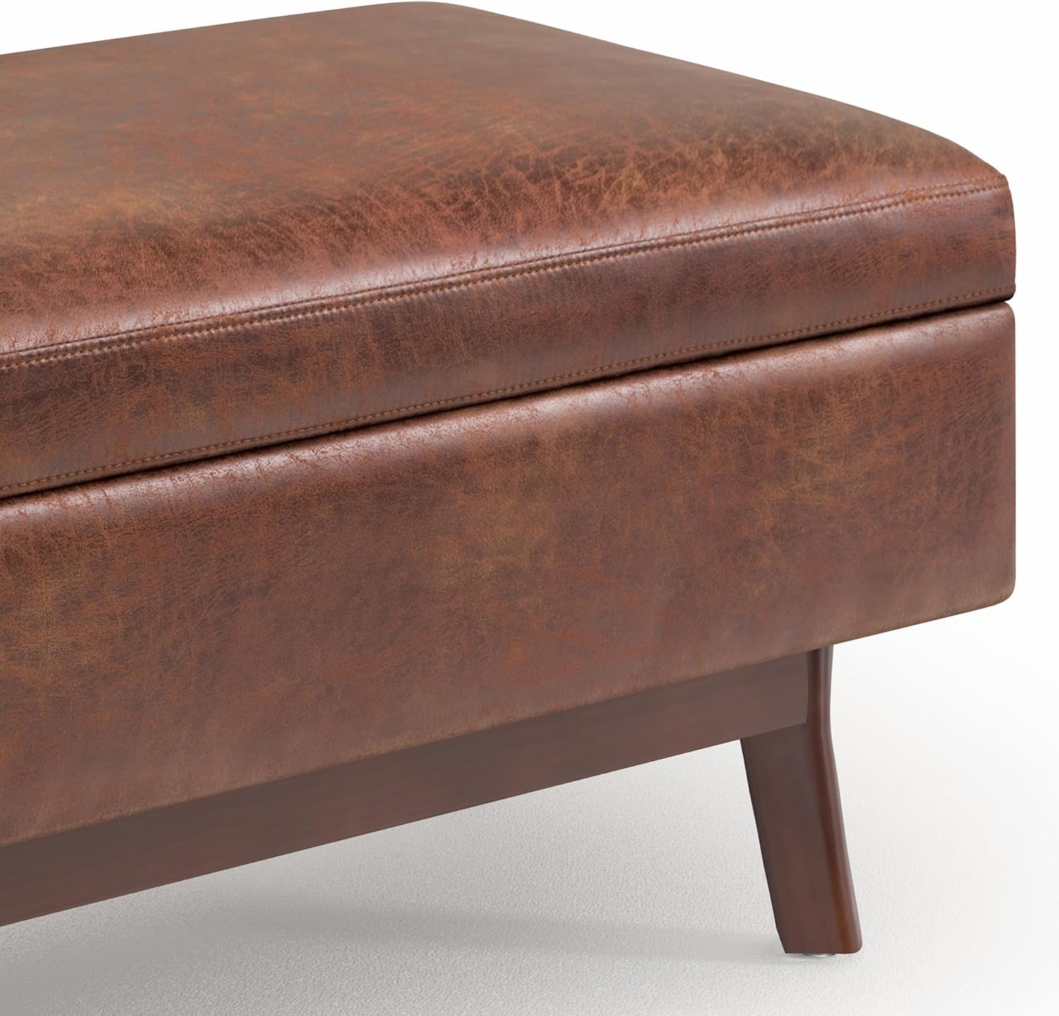 SIMPLIHOME Owen Small Rectangular Storage Ottoman - 36 inch Wide Upholstered Vegan Leather Lift-Top Ottoman in Distressed Saddle Brown, Mid-Century Modern Ottoman for Living Room with Tufted Detail