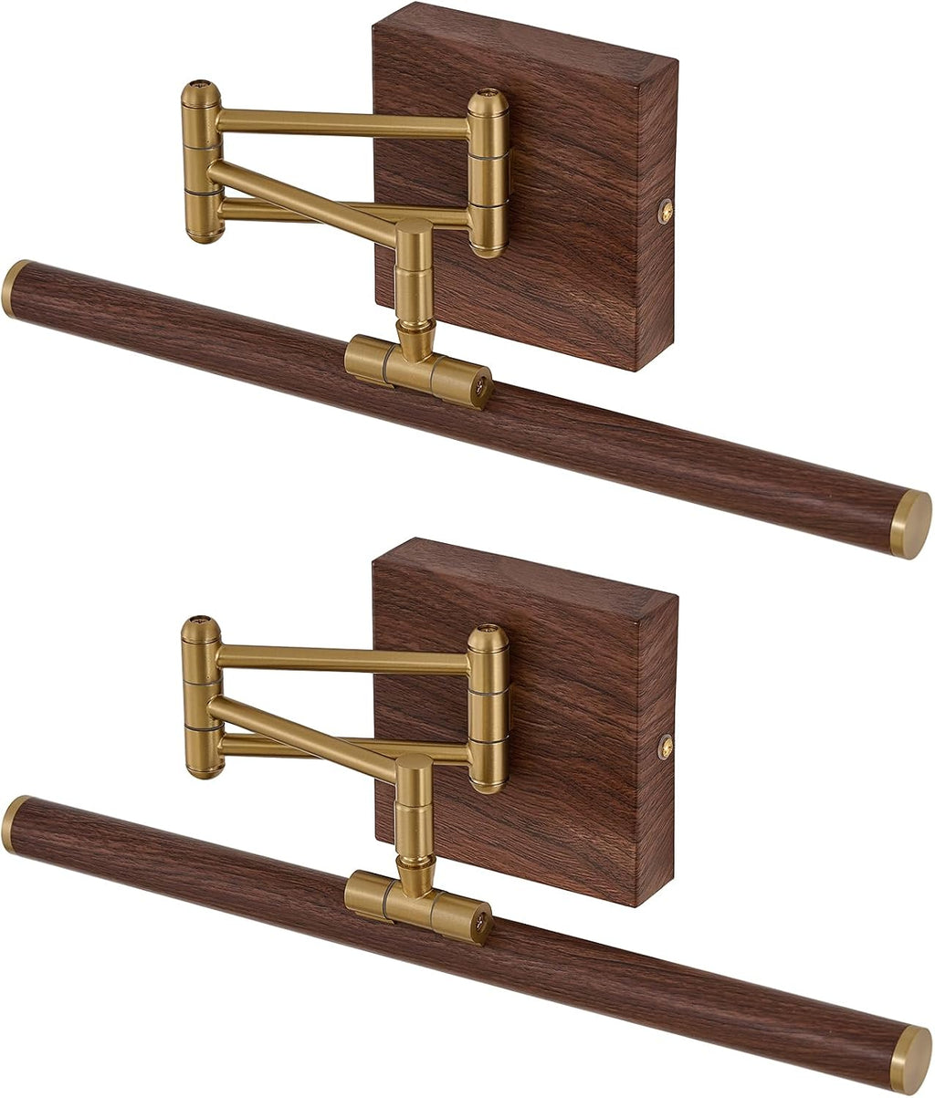 2 Pack Hardwired Dimmable LED Picture Light, Adjustable Swing Arm Wall Art Lamp, Brass Walnut Wood Finish Gallery Lighting for Painting Mirror Artwork Wall Decor