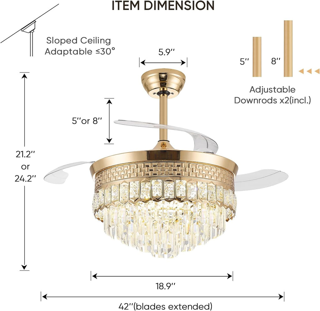 42' Fandelier Ceiling Fan with Light, Chandelier Ceiling Fans with Lights,Retractable Crystal Ceiling Fan for Bedroom Living Room,6 Wind Speed,3 Color Tempeature-Gold