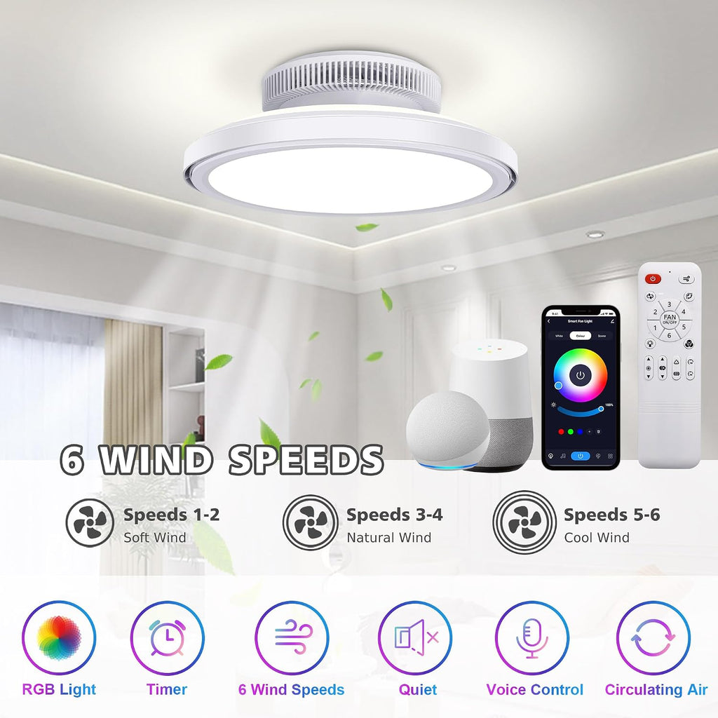 18' Bladeless Ceiling Fans, Low Profile Ceiling Fan with Light, Smart RGB Ceiling Light Fixture Support Alexa with Voice/Remote/APP Control, Modern led Ceiling Light Flush Mount, White