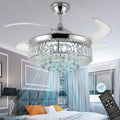 36' Invisible Ceiling Fan Chandelier Light,Modern Crystal Ceiling Fan Light Remote Control 4 Retractable ABS Blades for Bedroom Living Room Dining Room Decoration (Silver)