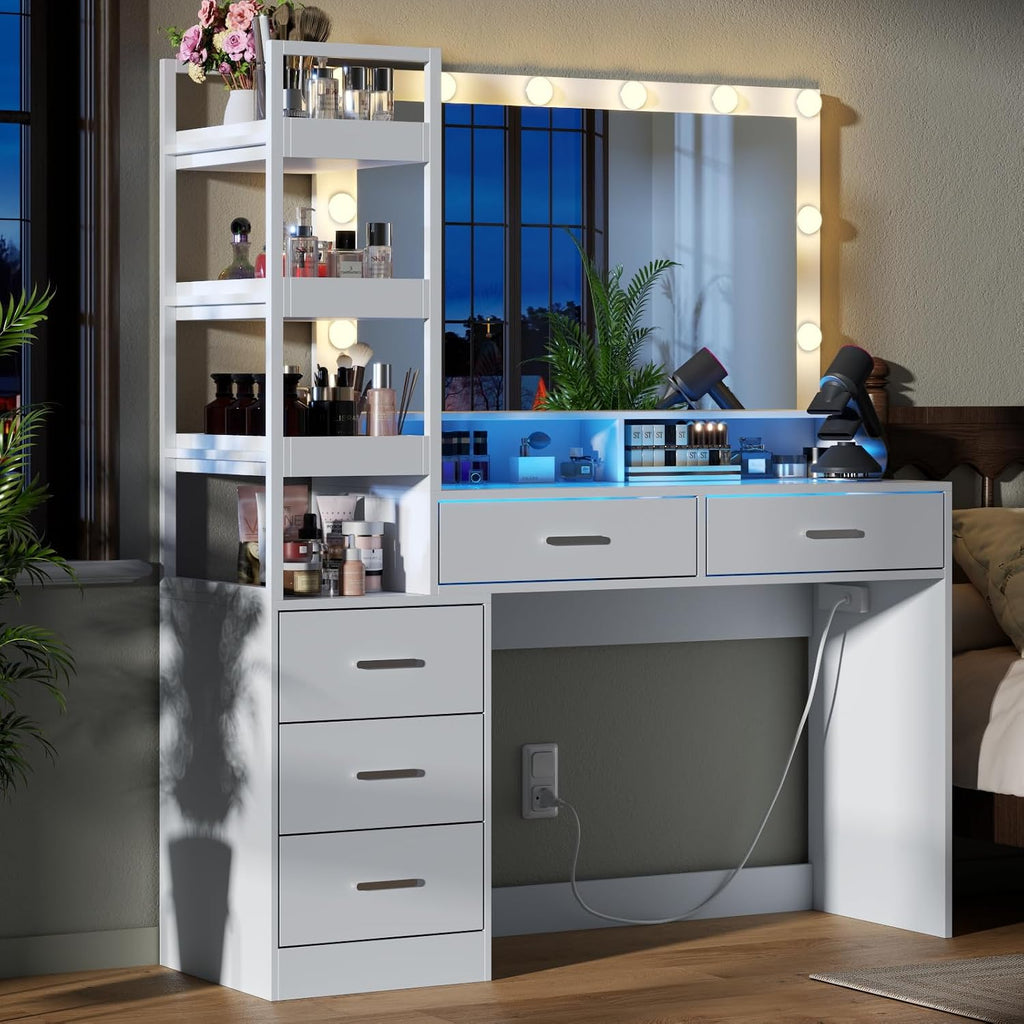 Gyfimoie White Vanity Desk with Mirror and Lights, 8 Drawer Makeup Vanity Table with Glass Top, Power Outlets and RGB Lights, Women & Girls Dressing Table with Lighted Mirror（Stool Not Included）