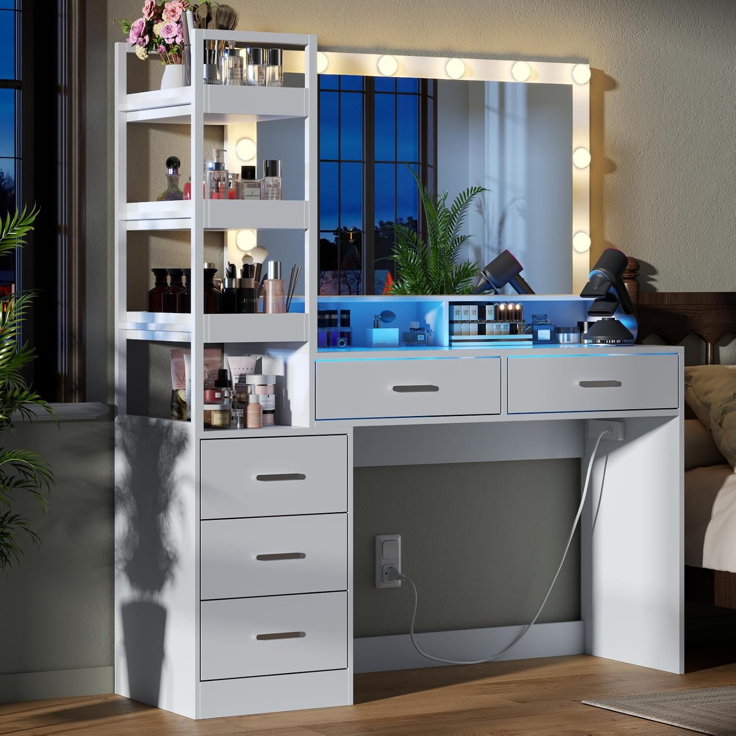 Gyfimoie White Vanity Desk with Mirror and Lights, 8 Drawer Makeup Vanity Table with Glass Top, Power Outlets and RGB Lights, Women & Girls Dressing Table with Lighted Mirror（Stool Not Included）