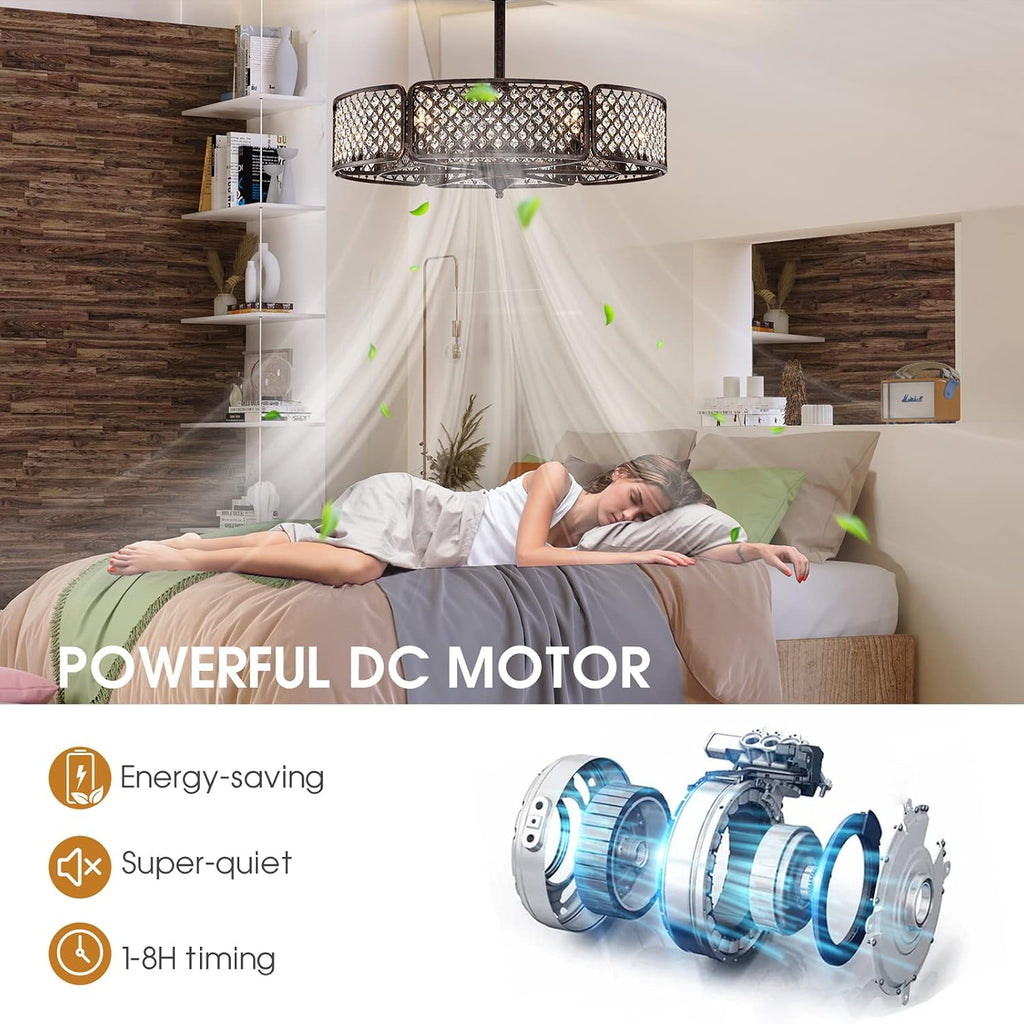 Tangkula Caged Ceiling Fan with Light, 30 Inch Crystal Ceiling Fan with 6 Light Bases, 3 Fan Blades & Remote Control, 6 Speeds, Reversible DC Motor, Timing Function, 6 x E12 Base (Coffee)