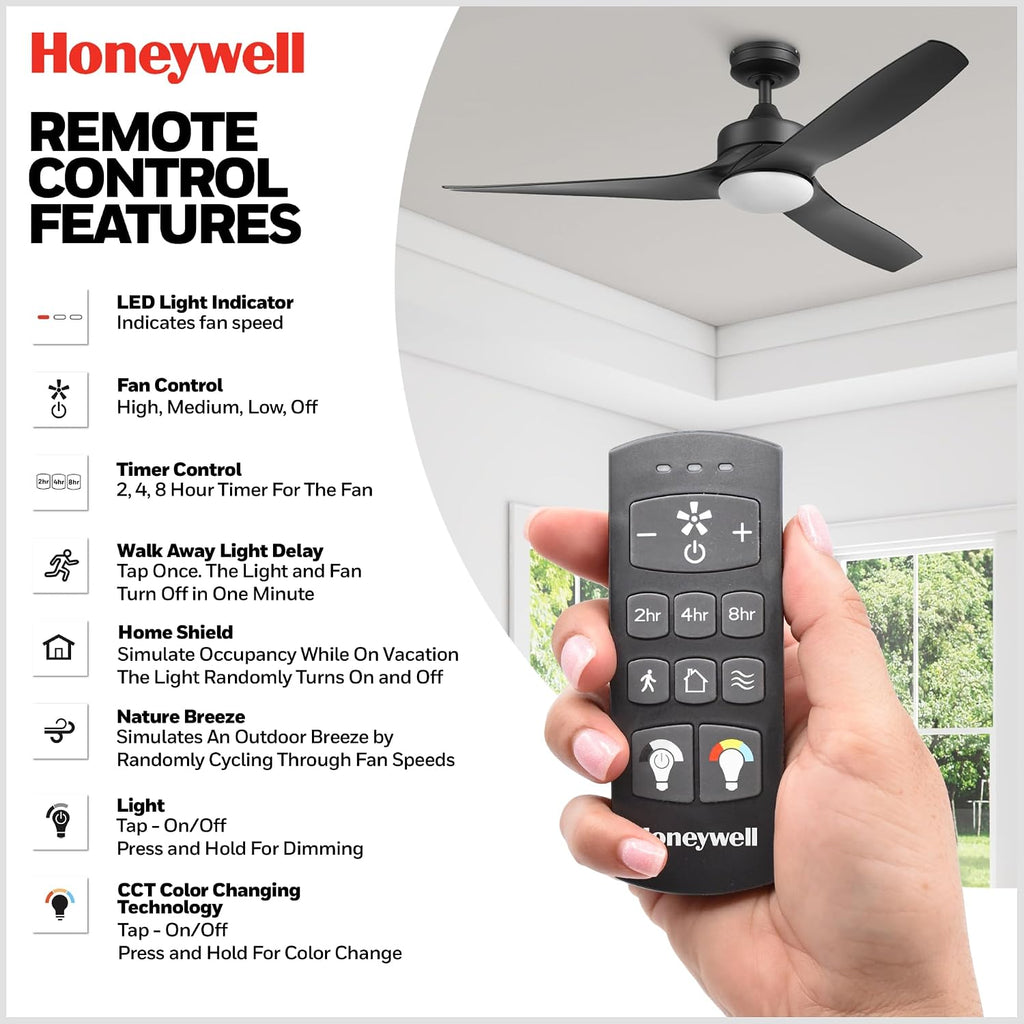 Honeywell Ceiling Fans Lynton, 52 Inch Indoor Outdoor Ceiling Fan with Color Changing LED Light, Remote Control, Matte Black High Performance Blades, Reversible Airflow - 51854-01 (Black)
