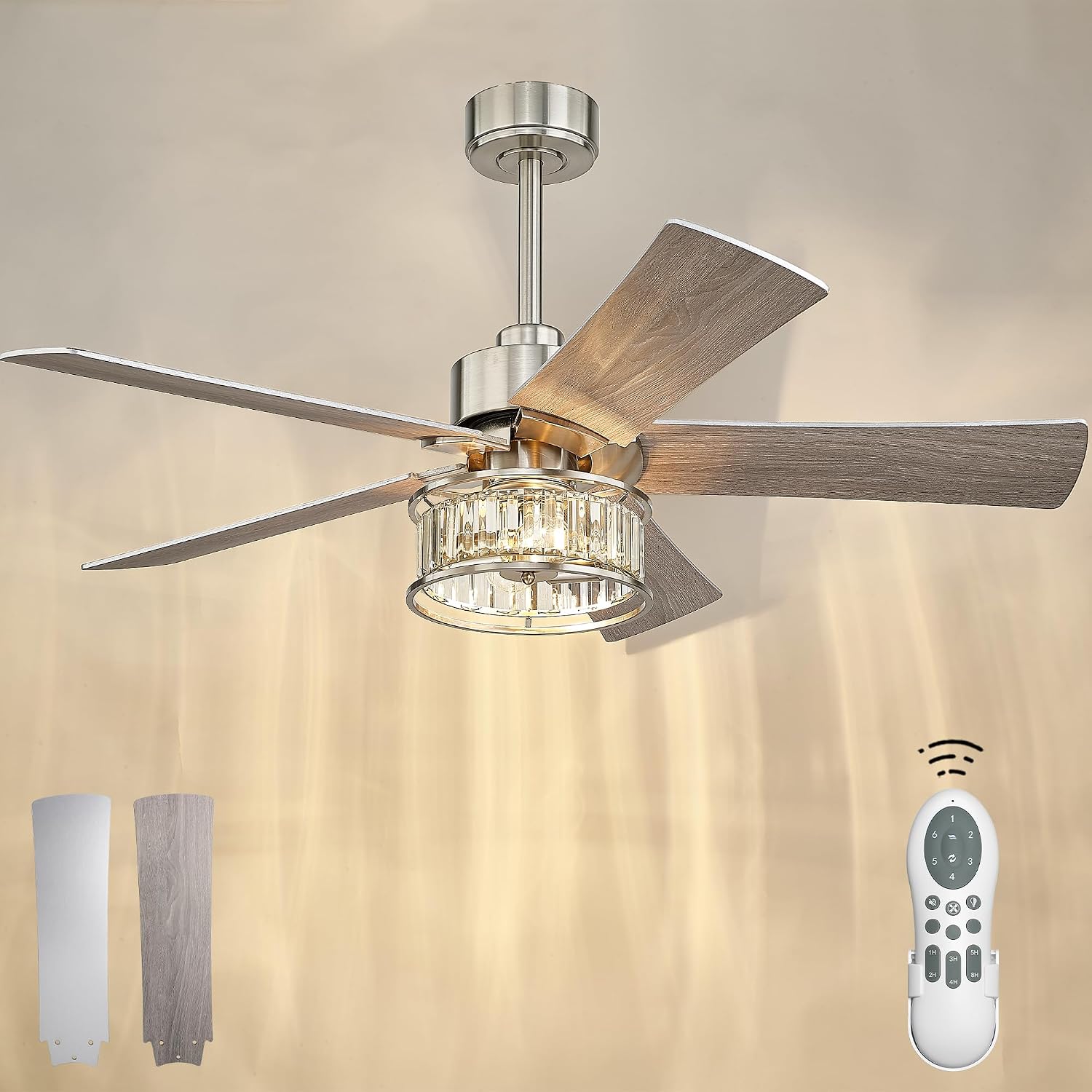 YOUKAIN 48 Inch Brushed Nickel Ceiling Fan with Lights and Remote, Modern Crystal Ceiling Fan, 5 Reversible Gray & Wood Blades, Quiet Indoor Ceiling Fan for Bedroom Living Room, 48-YJ632A-BN