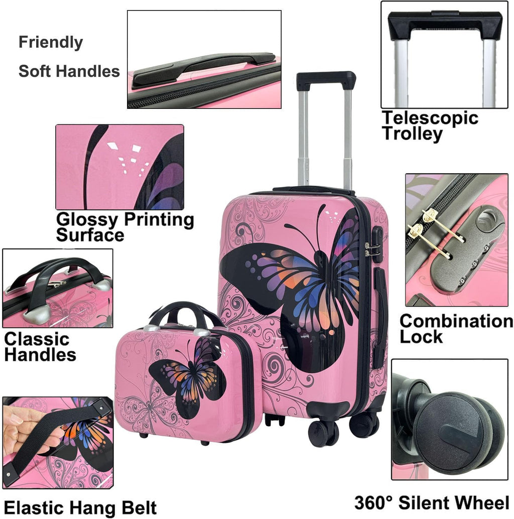 Pink Butterfly 4-Piece Luggage Set, Hard Shell ABS+PC with 360° Spinner Wheels, Combination Lock, Glossy Scratch-Resistant Surface & Waterproof Interior (20/24/28'+14' Bag)