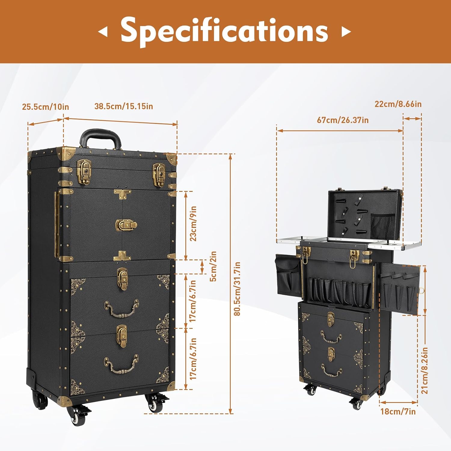 Rolling Makeup Case, 3 Tier Lockable Hairdressing Trolley with Wheels & Hair Dryer Holder, Cosmetic Luggage Travel Organizer Tool Box Beauty Salon Luggage Up to 55 lbs, 15.5'×10'×32.3'