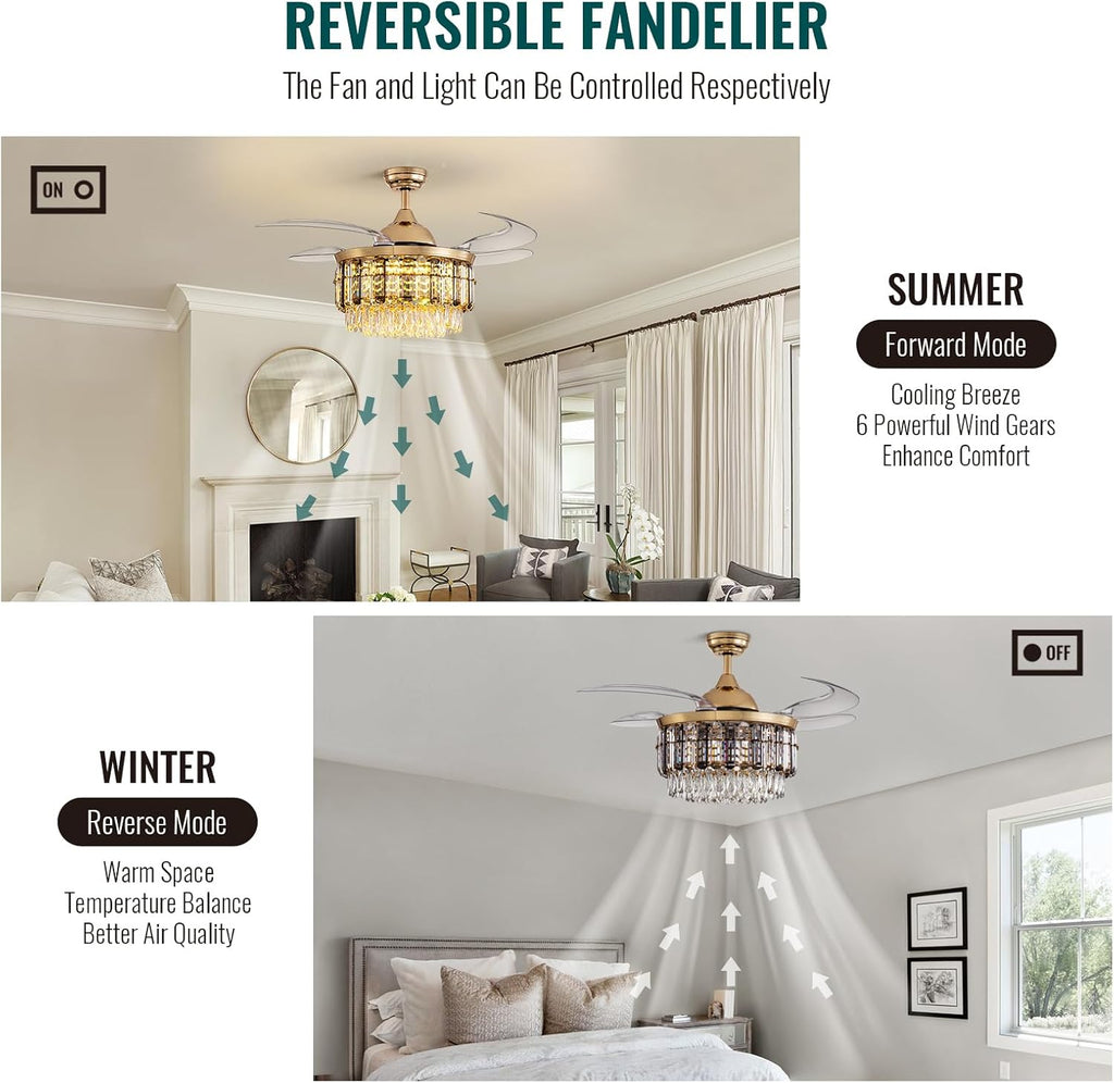 Siljoy 48 Inch Crystal Ceiling Fan with Light, Retractable Ceiling Fan with Lights Chandelier Fan, 6 Speeds, Dimmable Rose Gold Crystal Fandelier for Bedroom, Living Room, Dining Room