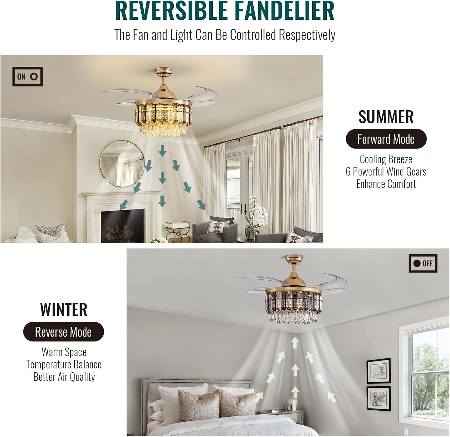 Siljoy 48 Inch Crystal Ceiling Fan with Light, Retractable Ceiling Fan with Lights Chandelier Fan, 6 Speeds, Dimmable Rose Gold Crystal Fandelier for Bedroom, Living Room, Dining Room