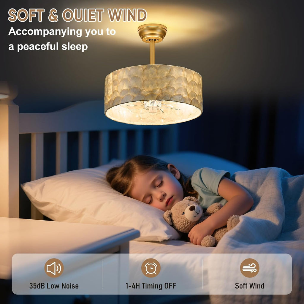 Boho Chandelier Ceiling Fan, Capiz Shell Fandelier Ceiling Fan with Light and Remote Control, Coastal Caged Ceiling Fan for Bedroom,Living Room,Nursery,Foyer(6 Speed, Timing,Adjustable Height)