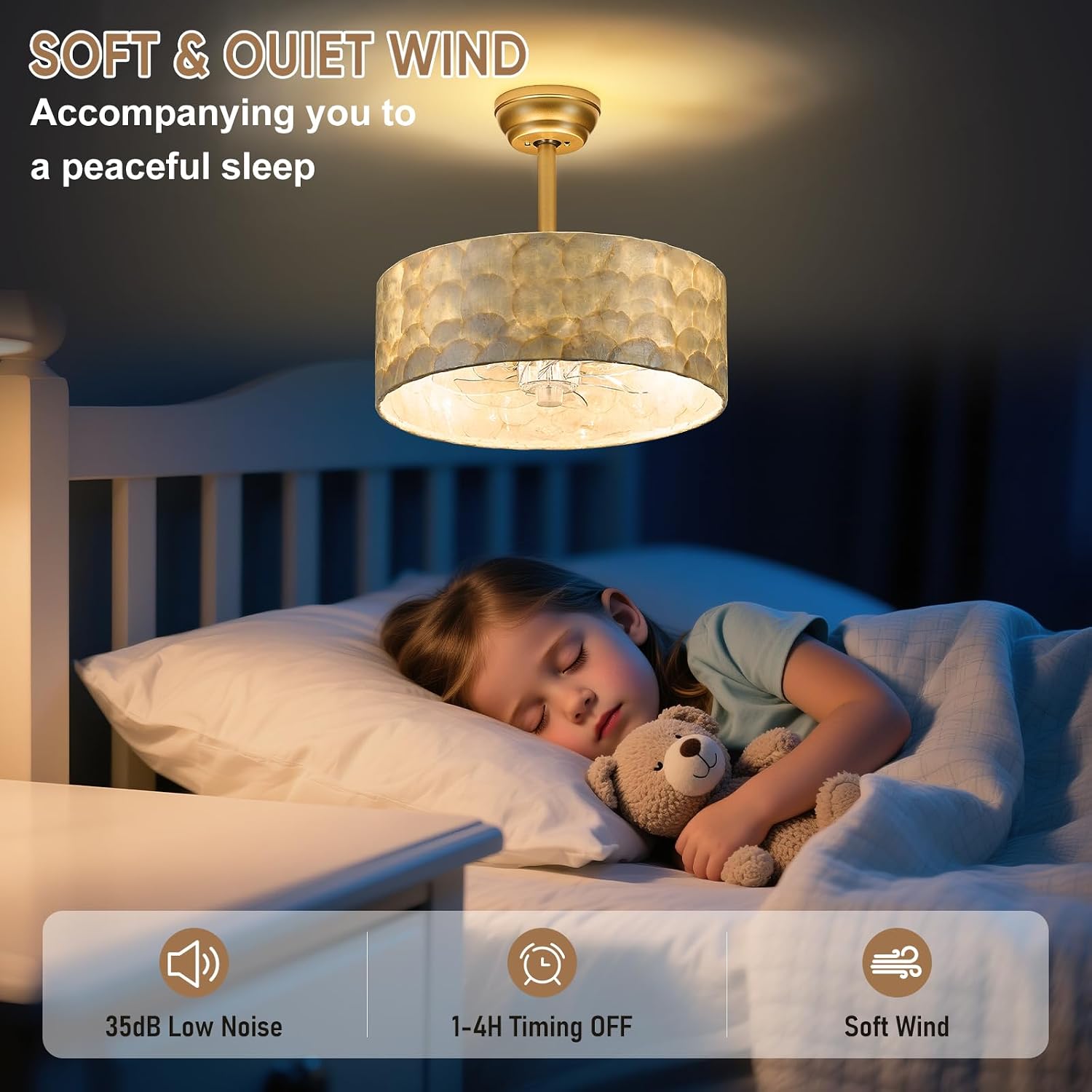 Boho Chandelier Ceiling Fan, Capiz Shell Fandelier Ceiling Fan with Light and Remote Control, Coastal Caged Ceiling Fan for Bedroom,Living Room,Nursery,Foyer(6 Speed, Timing,Adjustable Height)