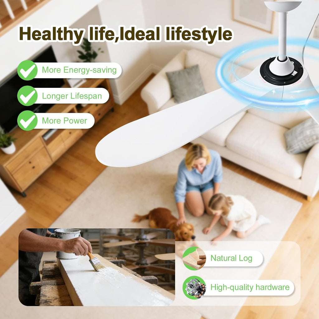 52 Inch Ceiling Fans with Lights and Remote, Wood Outdoor Ceiling Fan with 6 Speed Noiseless DC Motor, Indoor Modern 3 Blade Propeller Ceiling Fan for Bedroom Living Room Gazebo Patio (White)