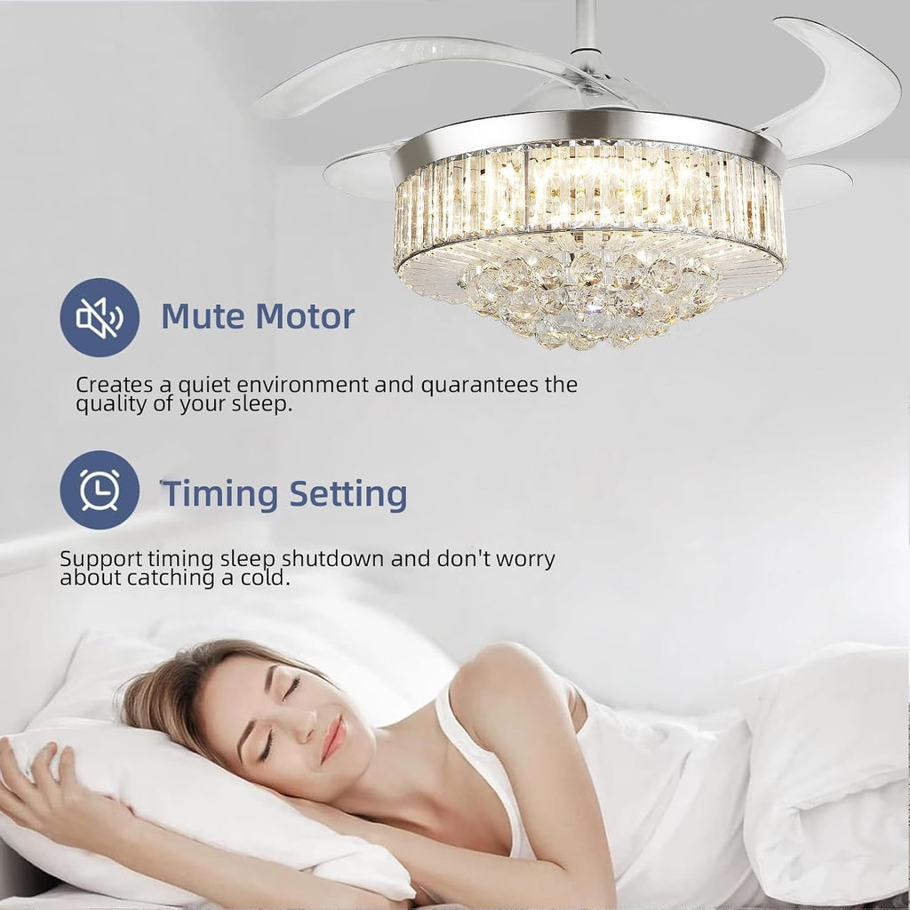 42' Smart Retractable Crystal Ceiling Fan with Light: Alexa/Google Home & Remote, Bluetooth Speaker, Dimmable RGB Light, 6-Speed Reversible Fandelier Chandelier Fan for Bedroom,Dining/Living Room