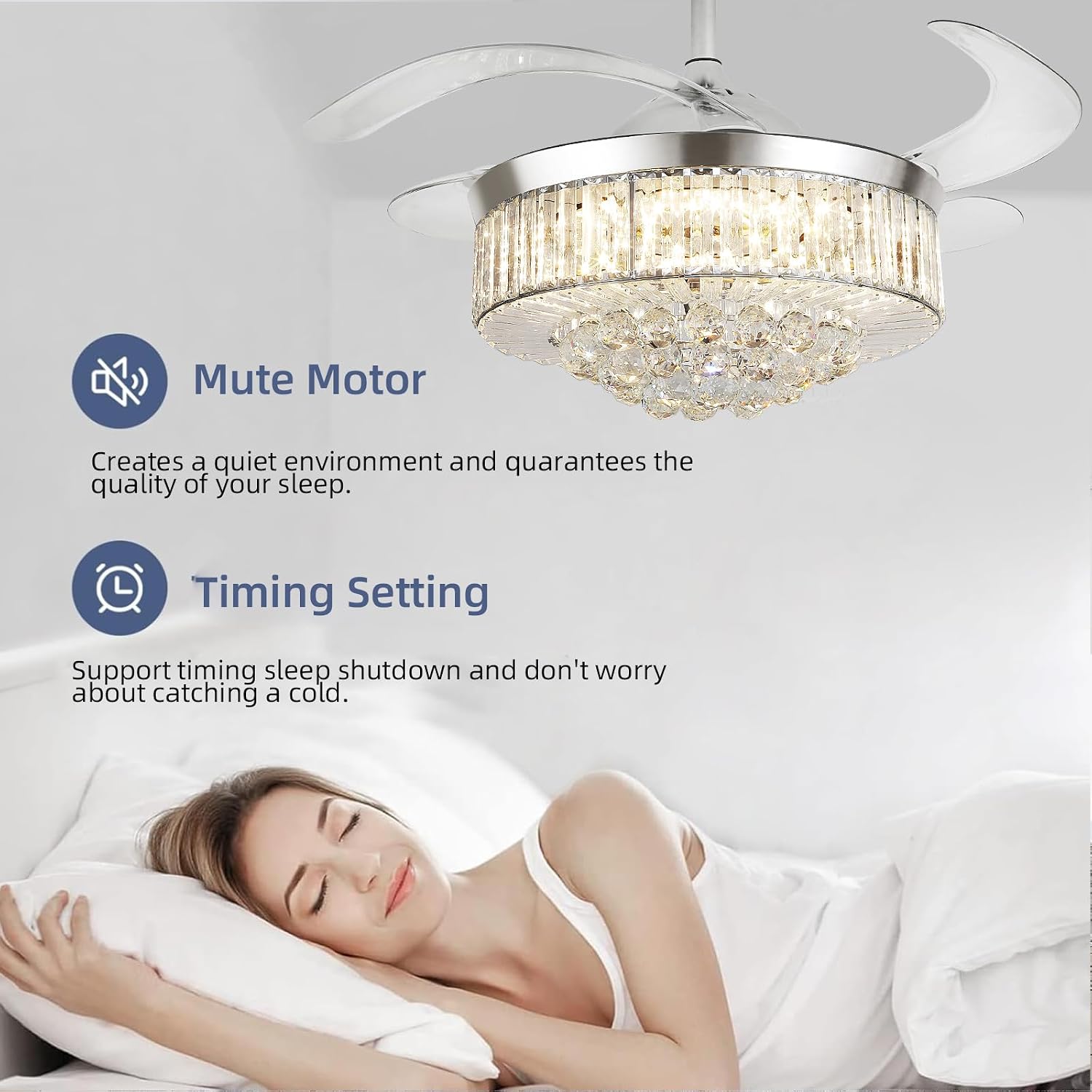 42' Smart Retractable Crystal Ceiling Fan with Light: Alexa/Google Home & Remote, Bluetooth Speaker, Dimmable RGB Light, 6-Speed Reversible Fandelier Chandelier Fan for Bedroom,Dining/Living Room