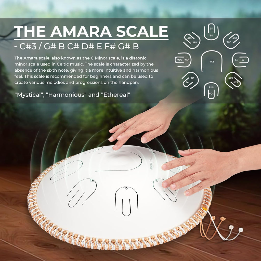 MOOZICA Steel Handpan Tongue Drum, 14 Inches 17 Notes in C Minor with Octave Overtone Design, Handpan Drum Percussion Instrument With Carry Bag (Amara, White)