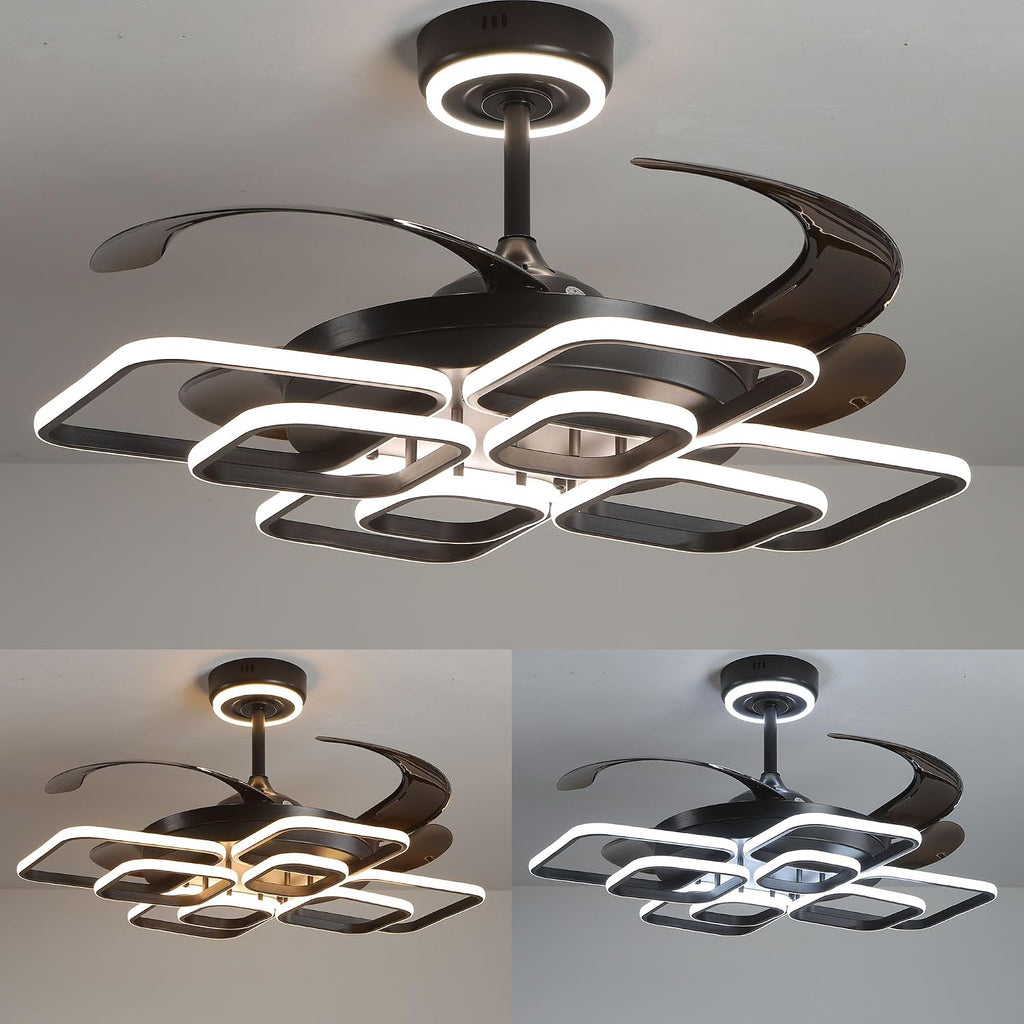 48' Ceiling Fans with Lights and Remote Control 3000-6000K Dimmable Morden LED Fans Light, 6 Wind Speeds, Black Chandelier Ceiling Fans for Bedroom Living Room
