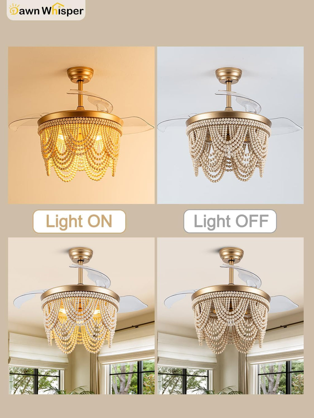 Dawn Whisper Gold Retractable Ceiling Fan with Lights 42 Inch Wood Beaded Boho Chandelier with Fan Farmhouse Style Fandelier for Bedroom Living Room