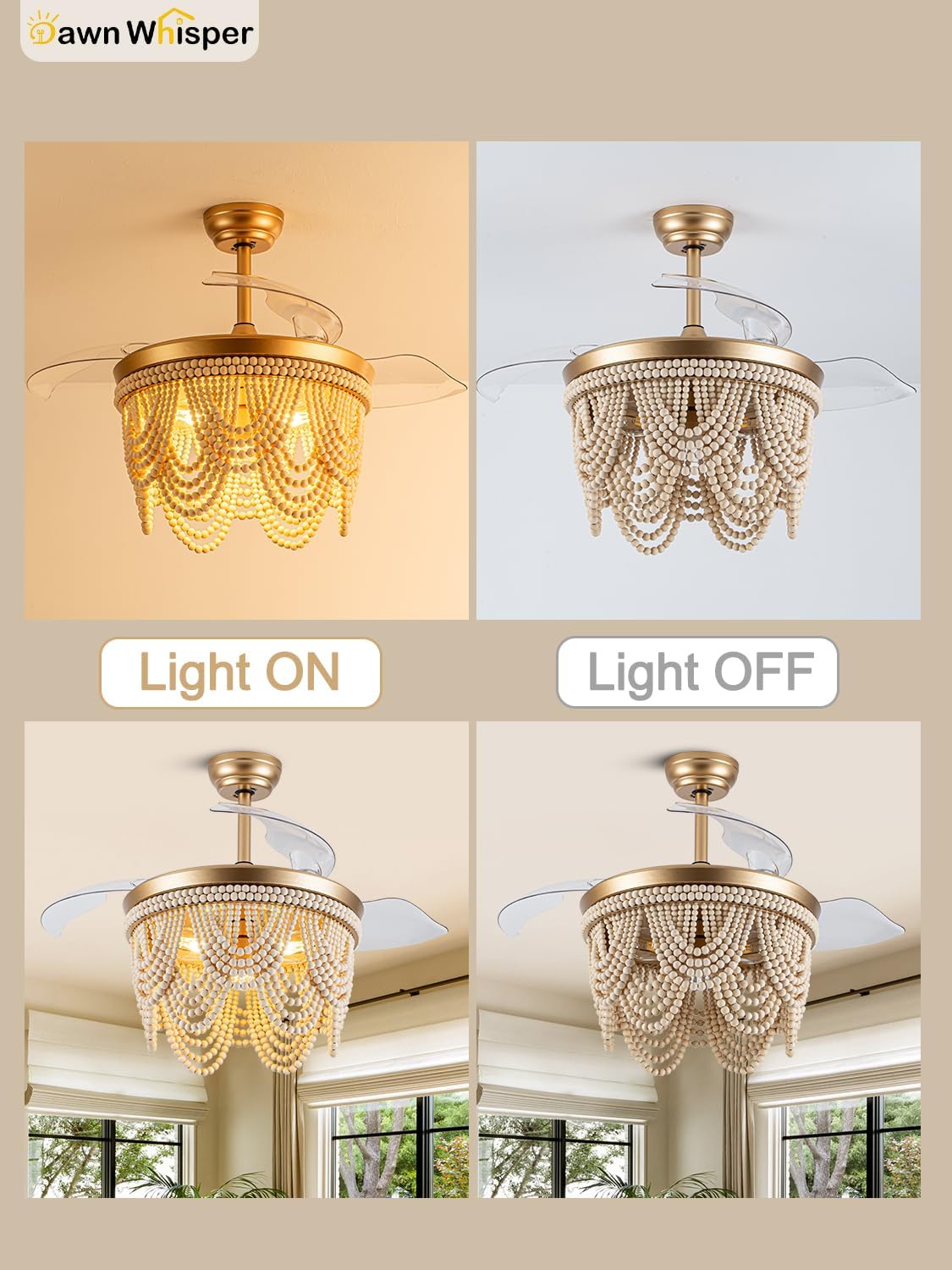 Dawn Whisper Gold Retractable Ceiling Fan with Lights 42 Inch Wood Beaded Boho Chandelier with Fan Farmhouse Style Fandelier for Bedroom Living Room
