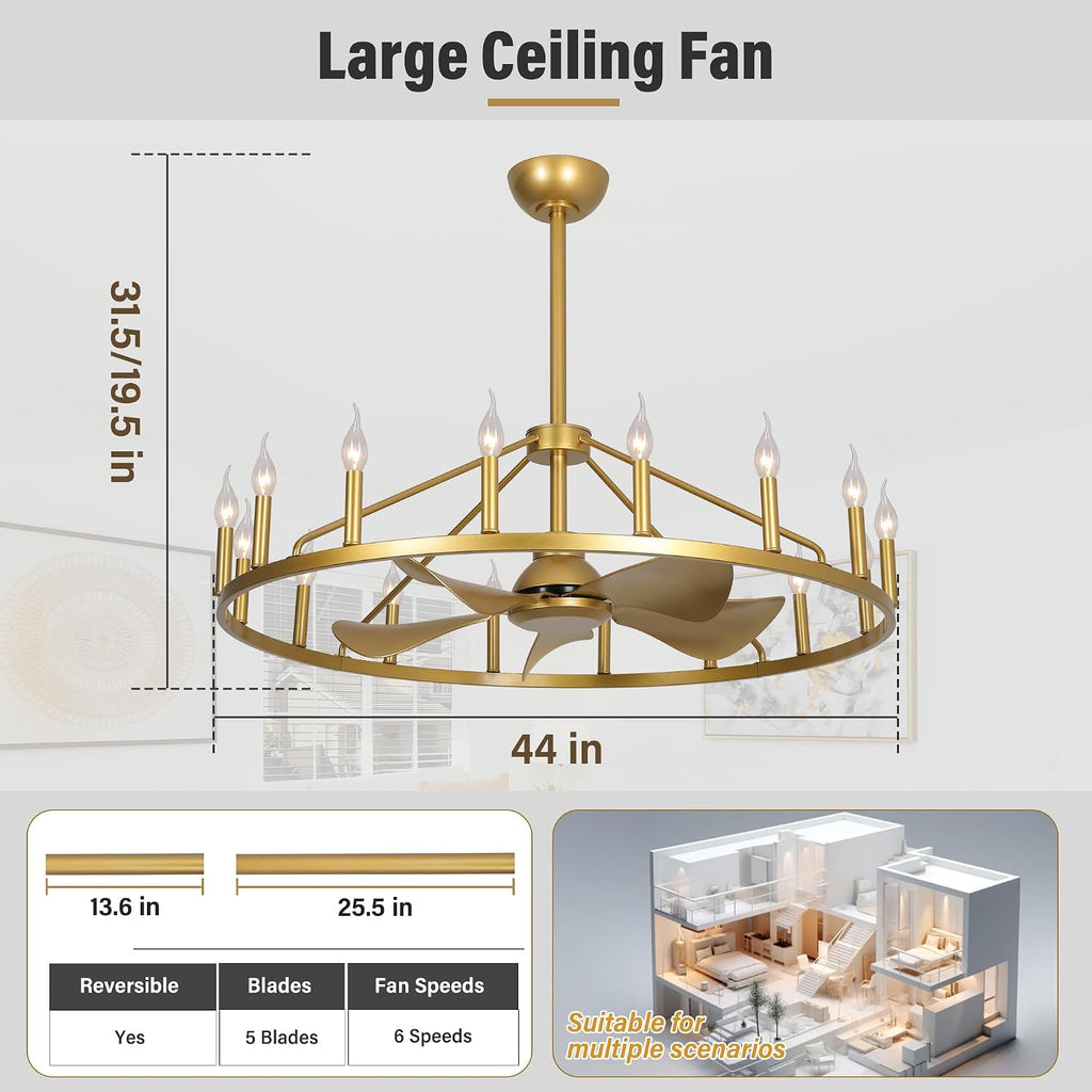 Farmhouse Chandelier Ceiling Fan with Light and Remote, 16-Lights Large Wagon Wheel Fandelier with Candle for Living Room, Gold Fan with Big Light Fixture for Living Room