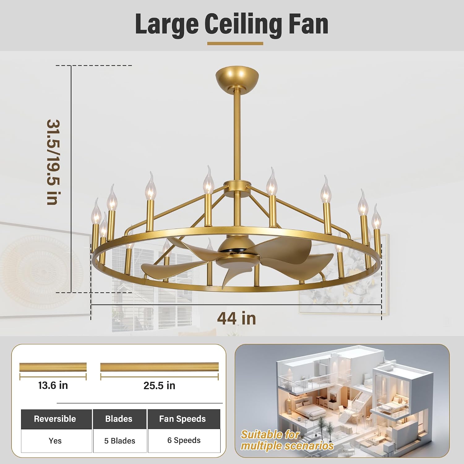 Farmhouse Chandelier Ceiling Fan with Light and Remote, 16-Lights Large Wagon Wheel Fandelier with Candle for Living Room, Gold Fan with Big Light Fixture for Living Room