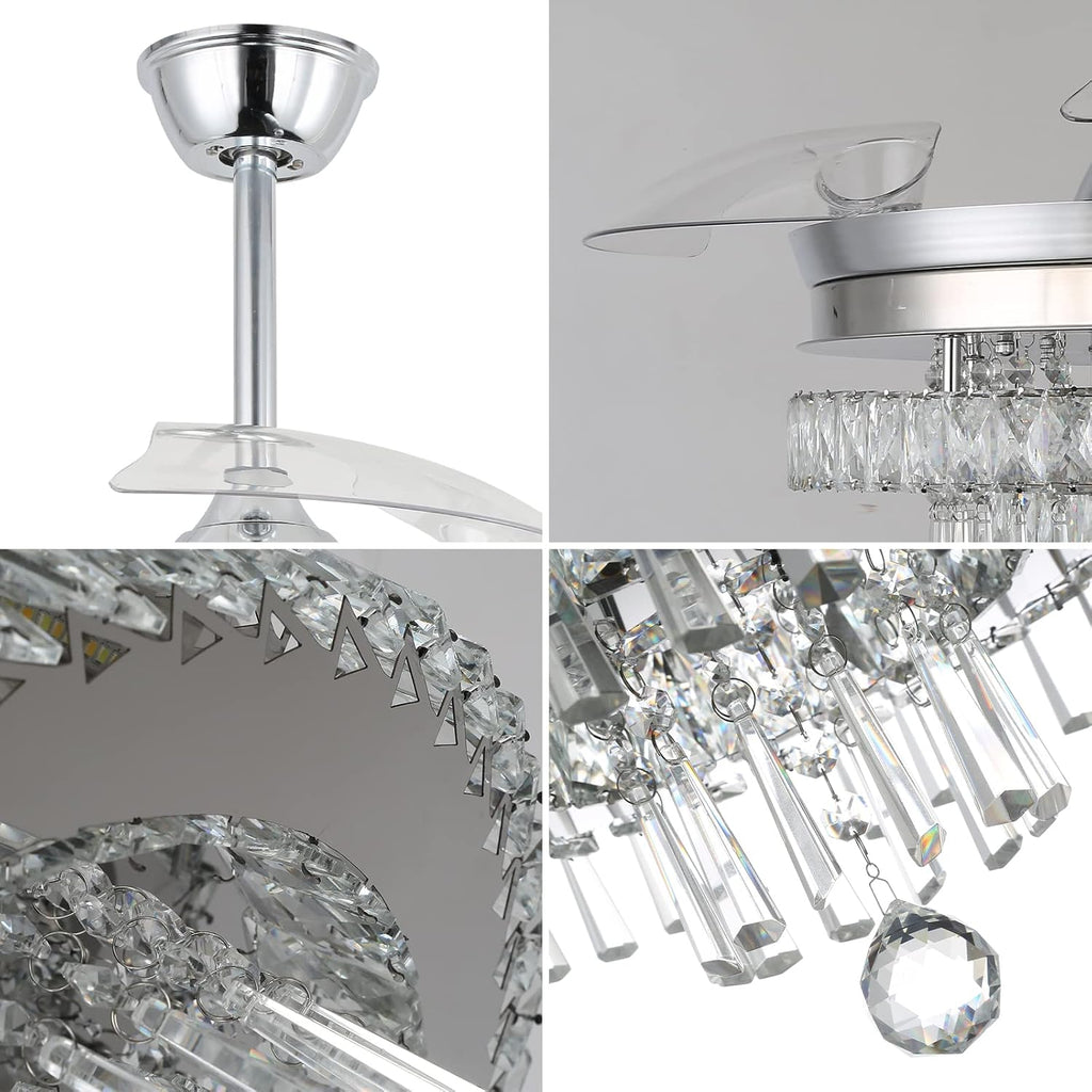 Finktonglan 42' Crystal Fandelier Ceiling Fan with Light, Retractable Blades, Dimmable 60W LED, Remote & App Control, Quiet Reversible Motor, 6 Speeds & Timer, Downrod Mount