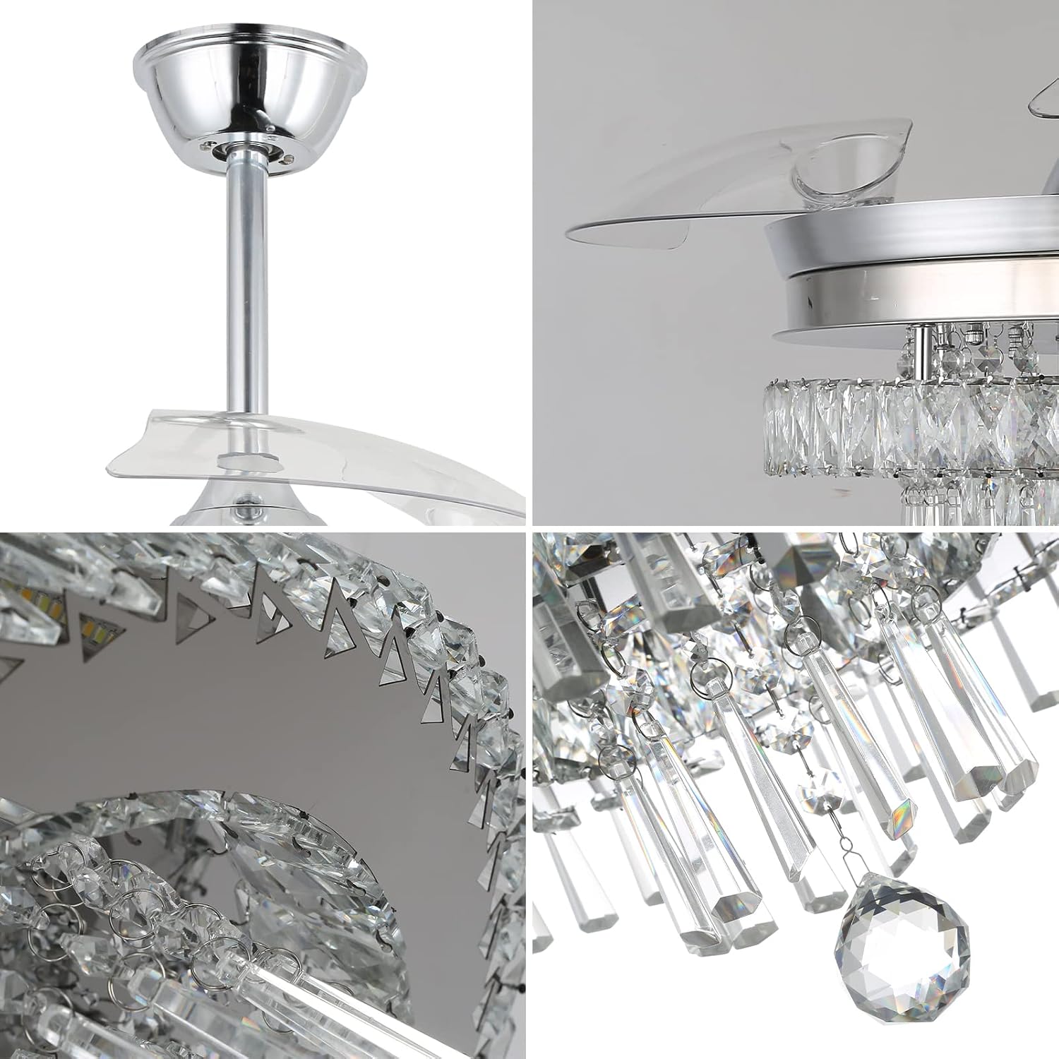 Finktonglan 42' Crystal Fandelier Ceiling Fan with Light, Retractable Blades, Dimmable 60W LED, Remote & App Control, Quiet Reversible Motor, 6 Speeds & Timer, Downrod Mount