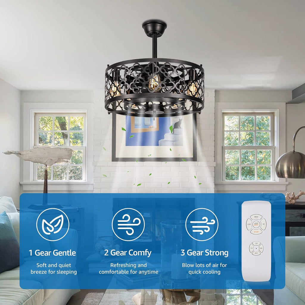 SUNVIE Caged Ceiling Fan with Lights Remote Control 21in Industrial Bladeless Enclosed Ceiling Fan Light with Reversible Motor for Bedroom Kitchen Living Room 5 E26 Base(No Bulb)