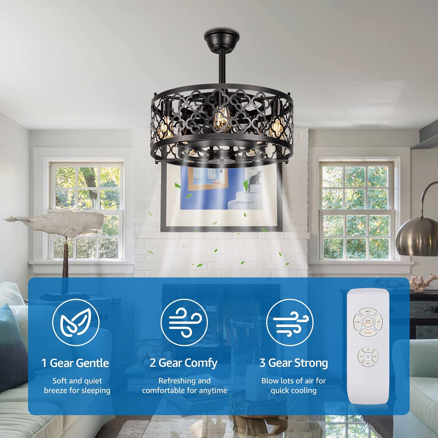 SUNVIE Caged Ceiling Fan with Lights Remote Control 21in Industrial Bladeless Enclosed Ceiling Fan Light with Reversible Motor for Bedroom Kitchen Living Room 5 E26 Base(No Bulb)