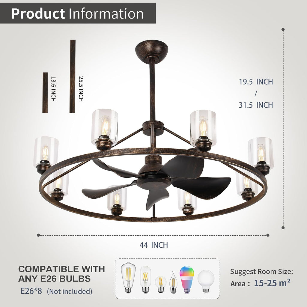44' Large Ceiling Fans with Lights Wagon Wheel Chandelier, Farmhouse Fandelier Classical Black Fans with Glass Lampshade Light Fixture,App, 6 Speed,Timing,Adjustable Height for Dining Room Living Room