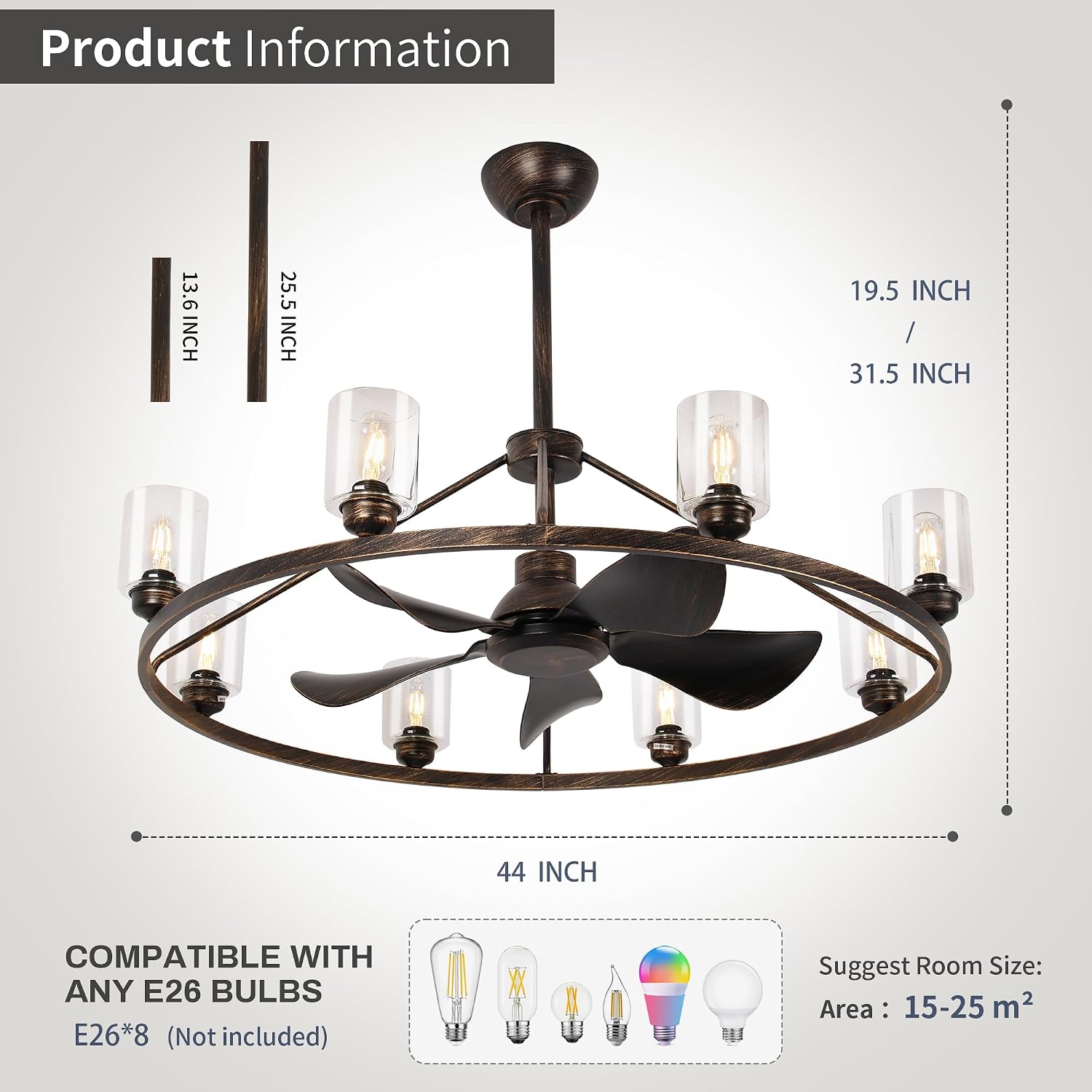 44' Large Ceiling Fans with Lights Wagon Wheel Chandelier, Farmhouse Fandelier Classical Black Fans with Glass Lampshade Light Fixture,App, 6 Speed,Timing,Adjustable Height for Dining Room Living Room