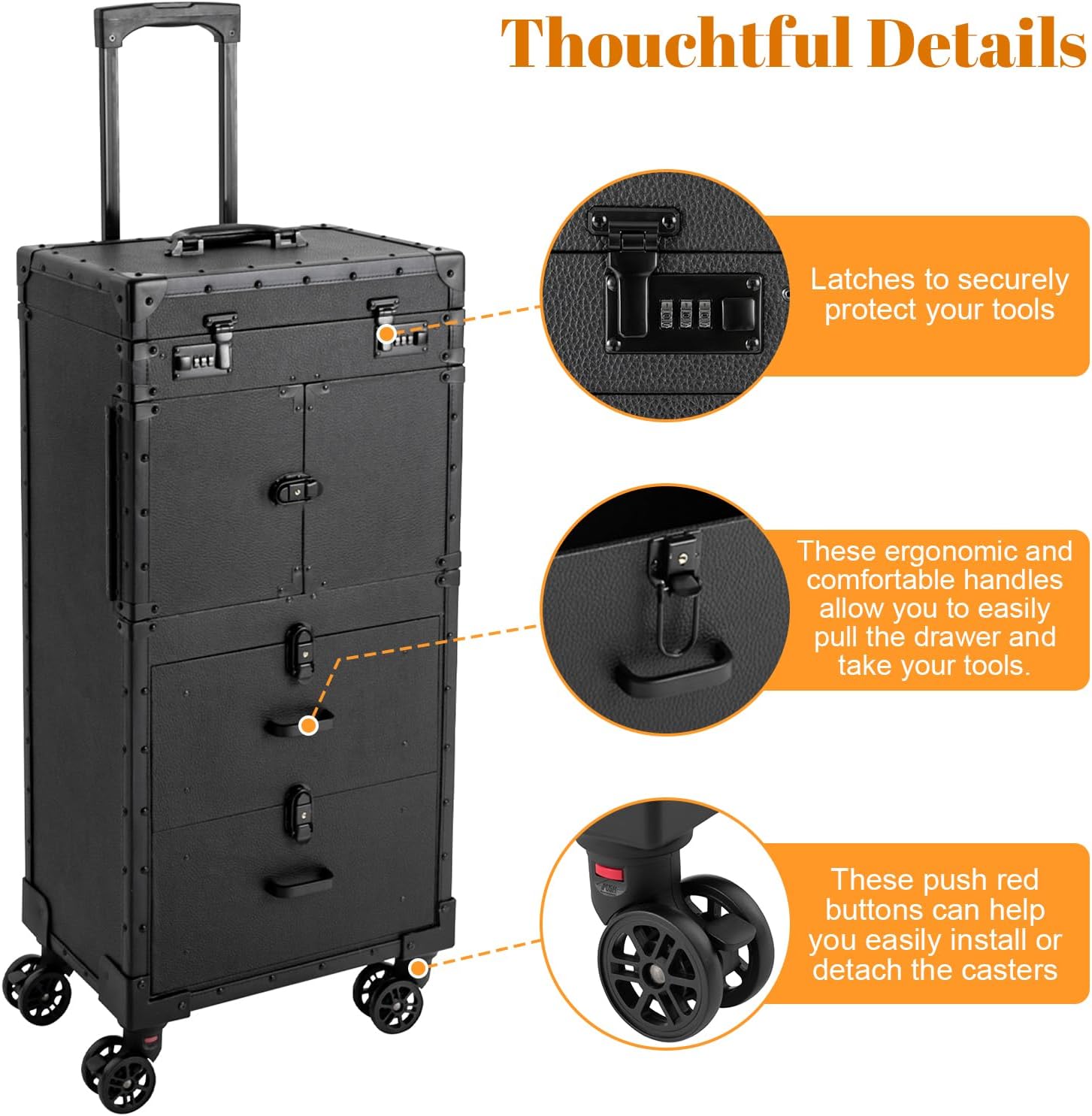 Makeup Rolling Case Professional Makeup Case with 360° Swivel Wheels Cosmetic Rollings Case Rolling Nail Cases for Make Up Nail Hairstylists (Black)