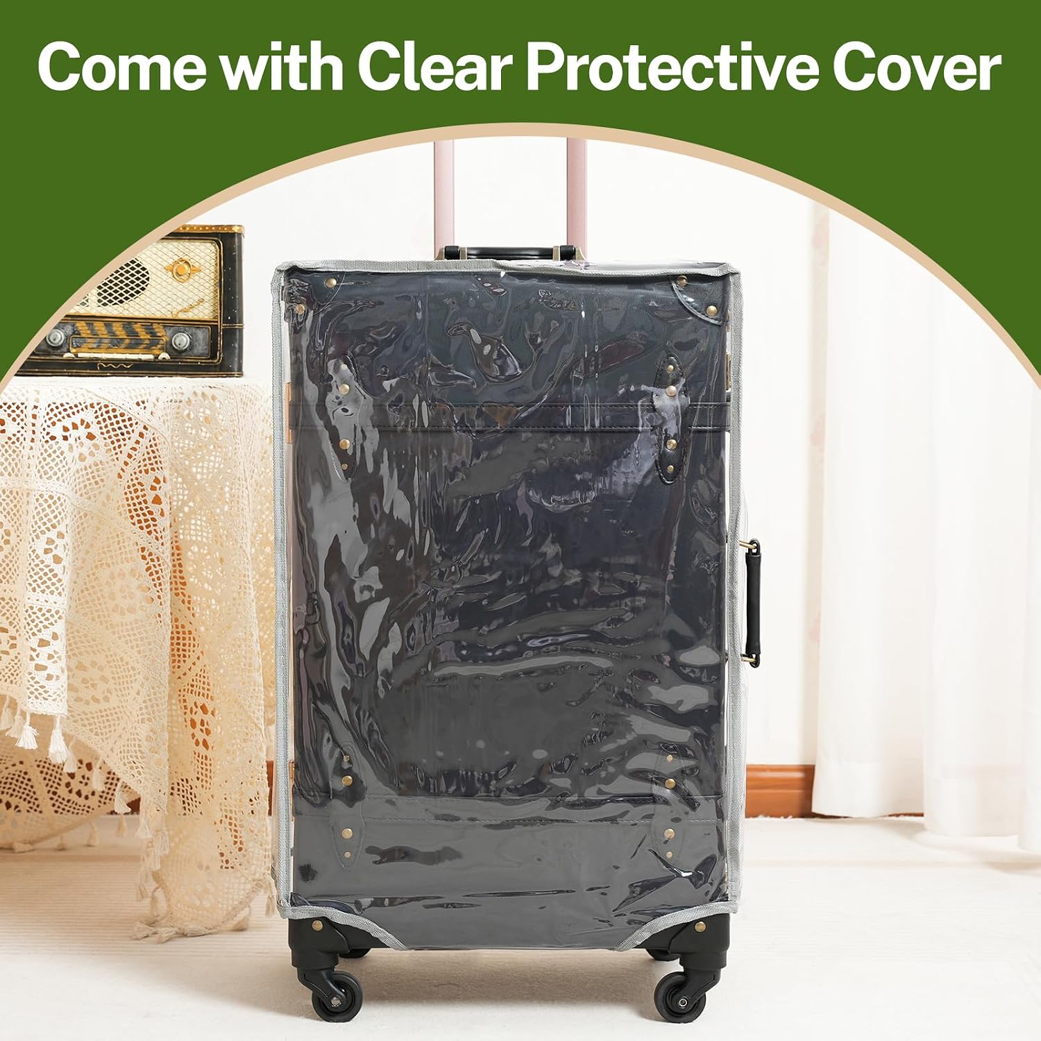 urecity Designer Vintage Trunk Combination Luggage Sets of 2 Piece, Hard Shell Retro Travel Suitcase with Wheels (Black, 20'+12')