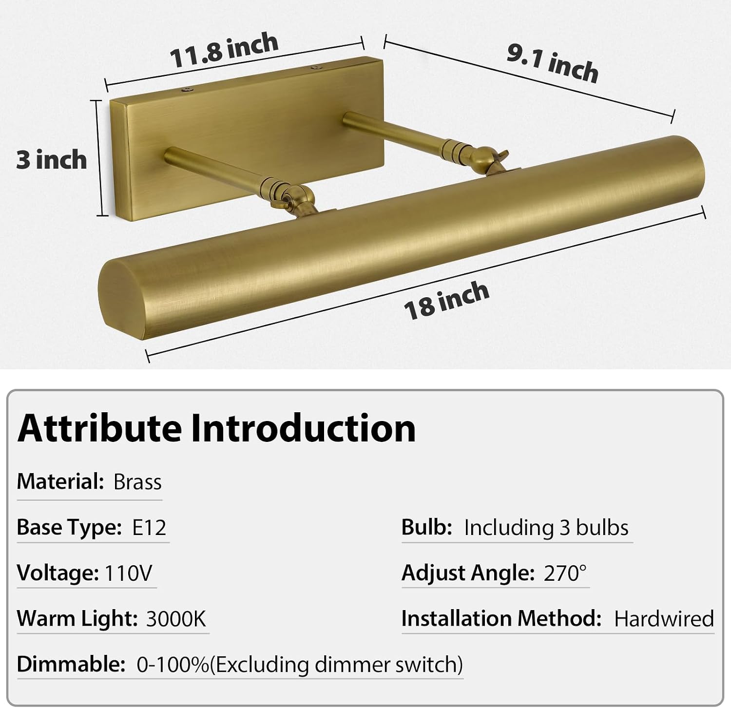 Picture Light, 18inch Brass Picture Lights for Wall,Hardwired Brushed Gold Picture Lights,270° Rotatable Art Lights, 3-Light Picture Frame Light for Painting Display Artwork Portrait