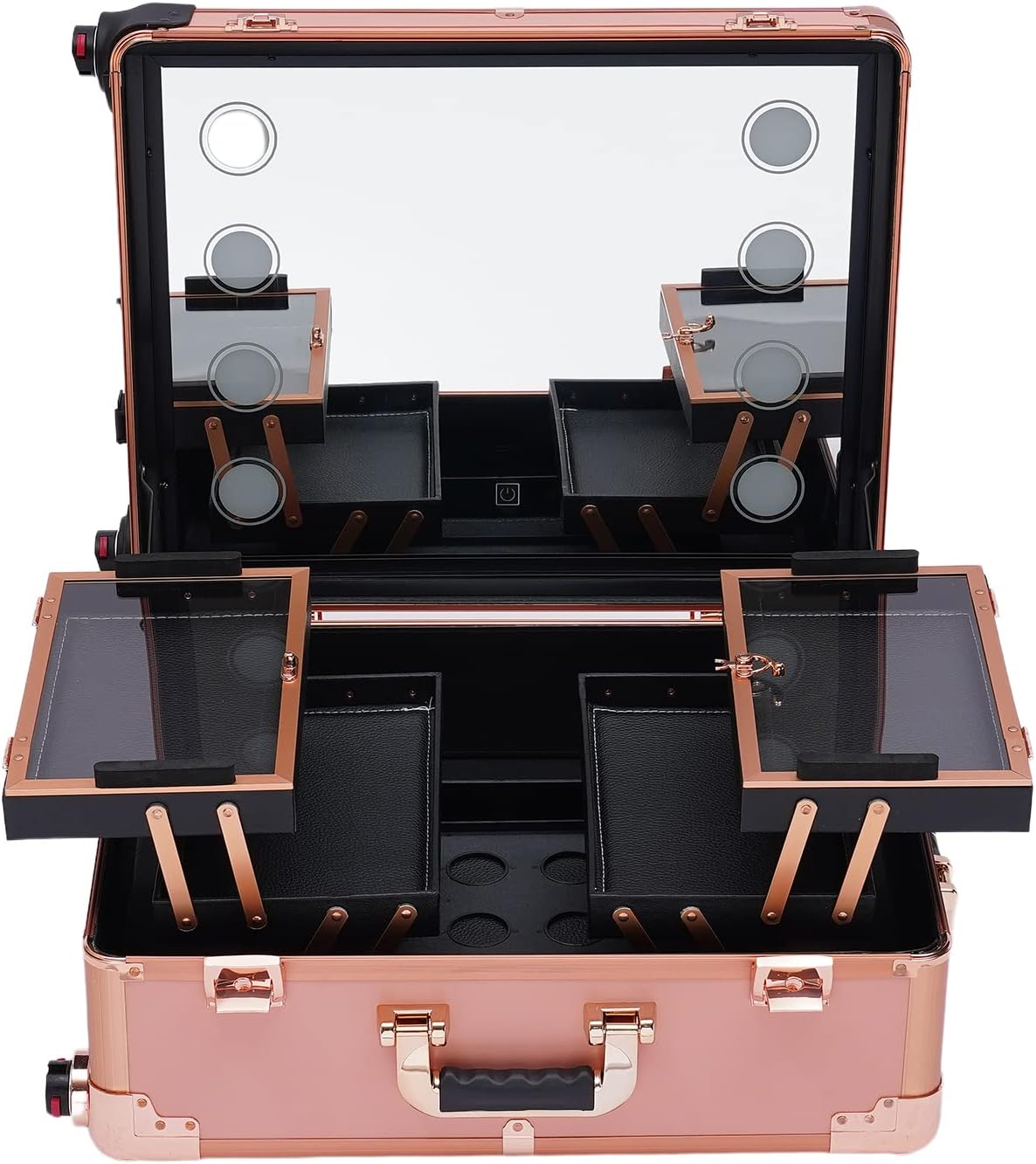 3 Tiers Rolling Makeup Train Case, Portable Makeup Vanity Station 12V Chargeable Cosmetic Trolley Lockable Storage Organizer with LED Light & Mirror & Wheels, Adjustable Height for Travel