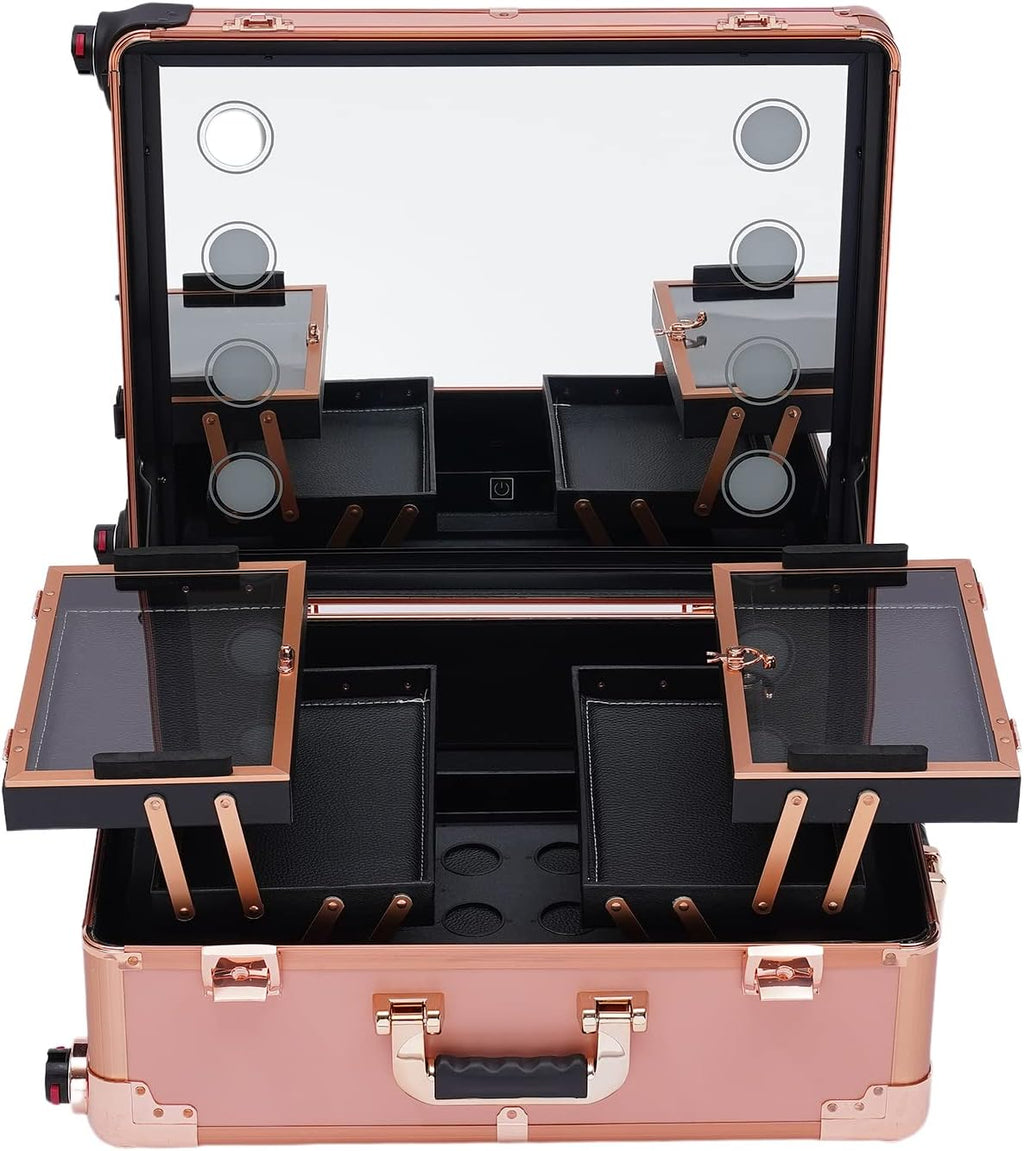 Rolling Makeup Case 22' Makeup Vanity Station with 8 LED Light Mirror, Make up Artist Free Standing Box with Lock, Professional Artist Cosmetic Organizer Studio with Adjustable Legs (Rose Gold)
