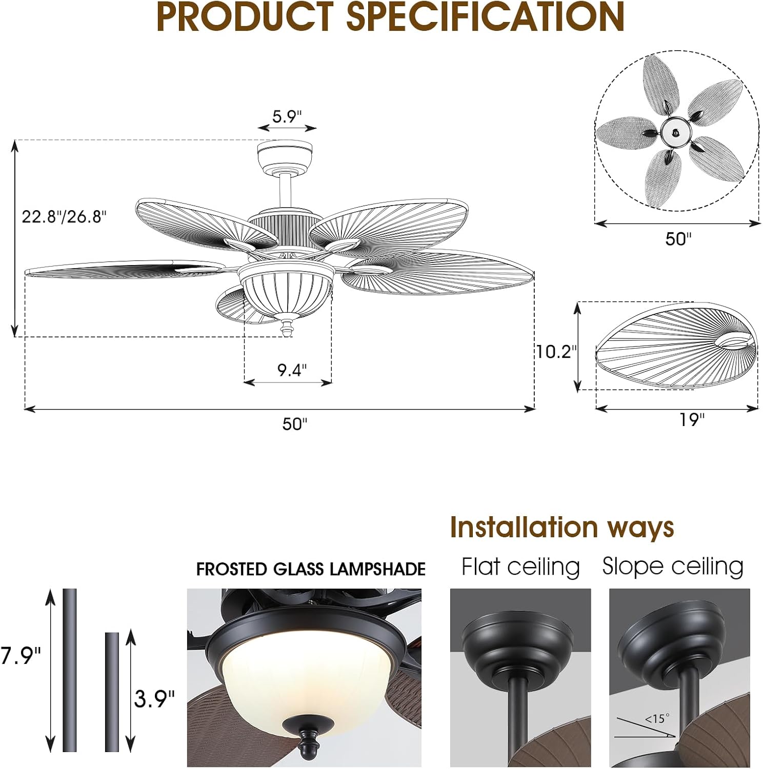 Wiviniya 50 Inch Tropical Ceiling Fans with Lights, Palm Leaf Waterproof Outdoor Ceiling Fan for Patios Porch, Remote/APP Control, Wet Rated, Glass Lampshade, Quiet DC Motor, Dimmable LED, Dark Brown