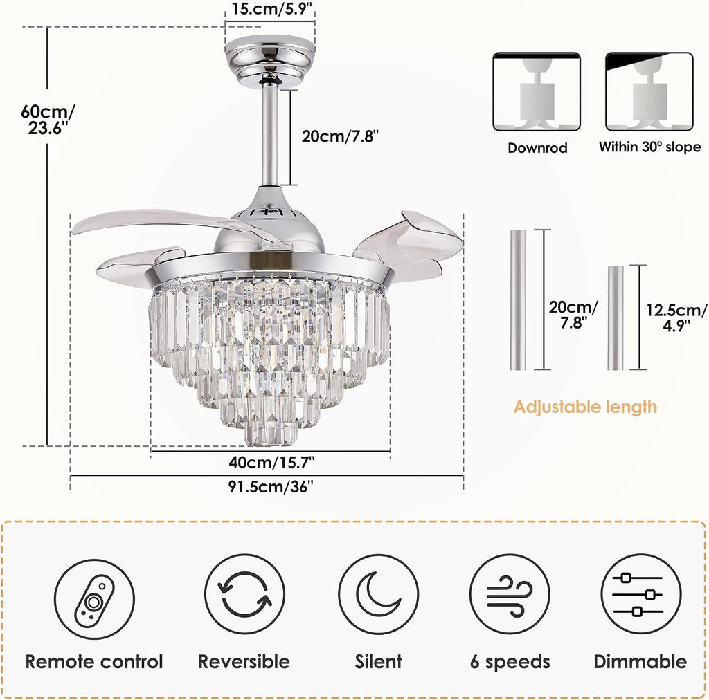 Finktonglan 36' Crystal Fandelier Ceiling Fan with Light, Retractable Blades, Dimmable 72W LED, Remote & App Control, Quiet Reversible Motor, 6 Speeds, Chrome Flush Mount for Bedroom/Living Room