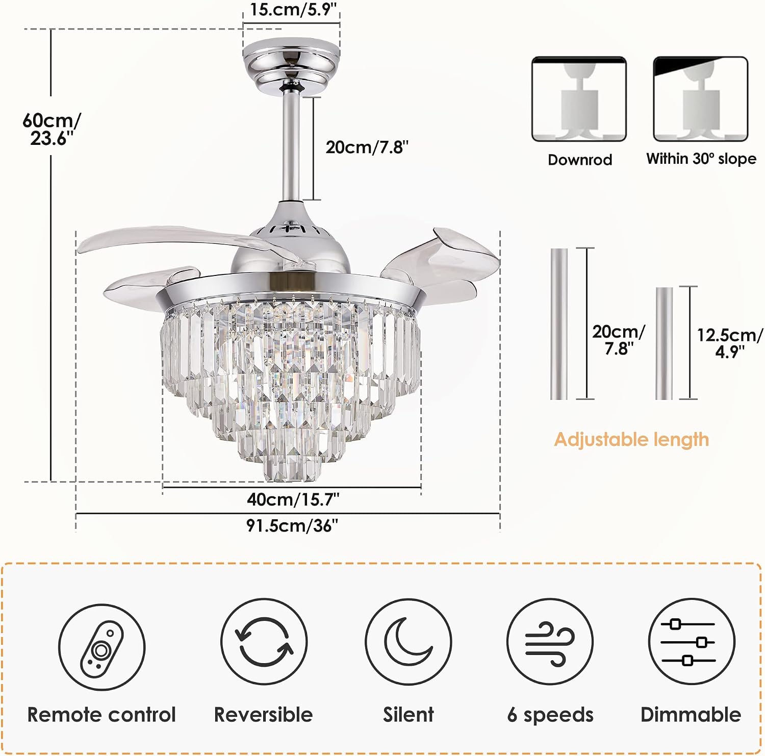 Finktonglan 36' Crystal Fandelier Ceiling Fan with Light, Retractable Blades, Dimmable 72W LED, Remote & App Control, Quiet Reversible Motor, 6 Speeds, Chrome Flush Mount for Bedroom/Living Room