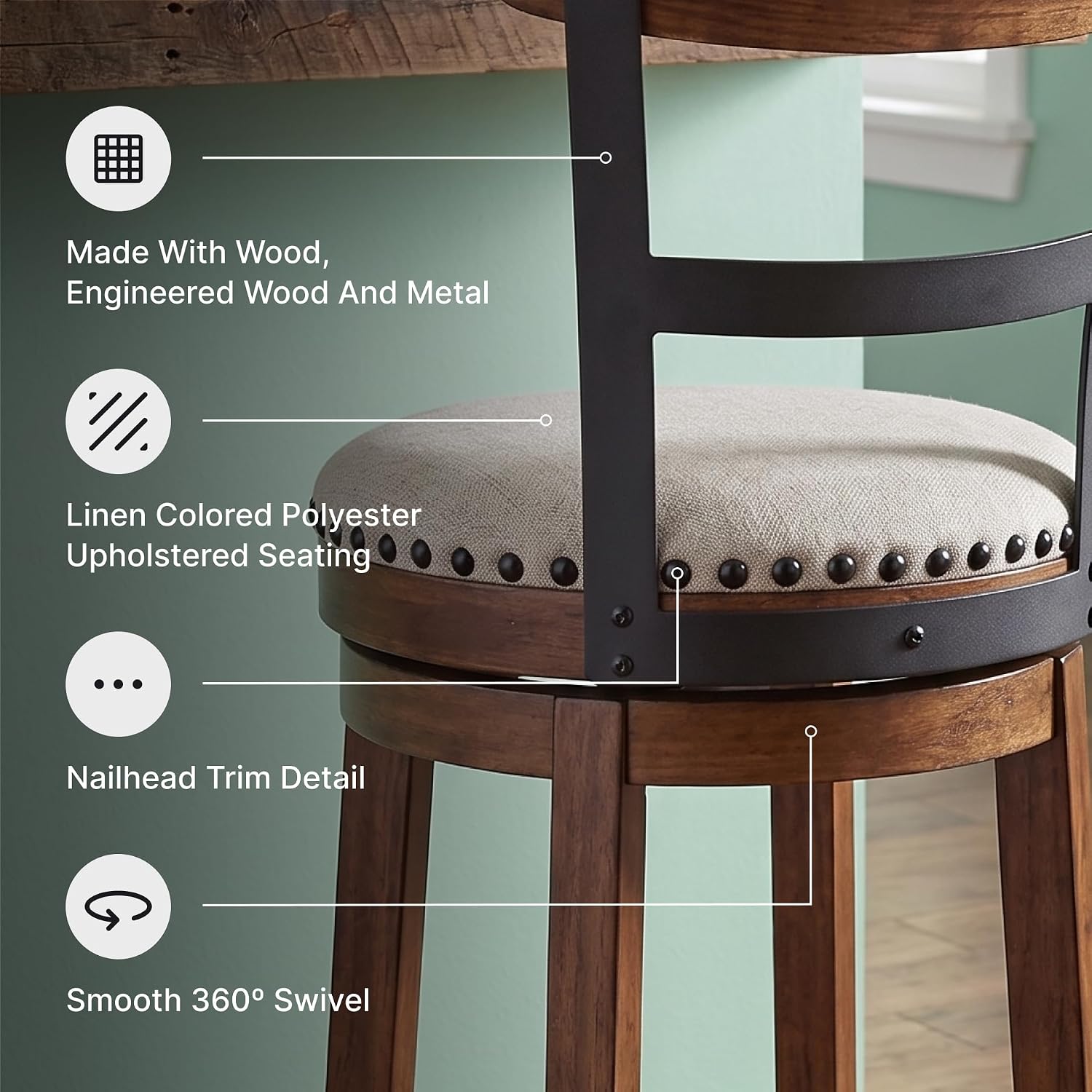 Signature Design by Ashley Valebeck Bar Stool, Rustic Industrial Swivel Barstool With Cushioned Upholstery, Wood & Metal Construction, Kitchen Island Seating, Counter Height, Black