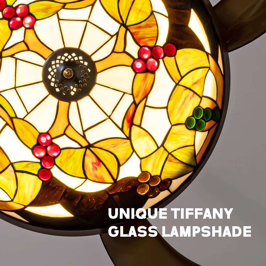 48' Tiffany Ceiling Fan with Light Colorful Fandelier Vintage Chandelier Fan 48 Inch Stained Glass Ceiling Fan Retractable Blades Vintage Fandelier with Tiffany Light for Bedroom Living Room