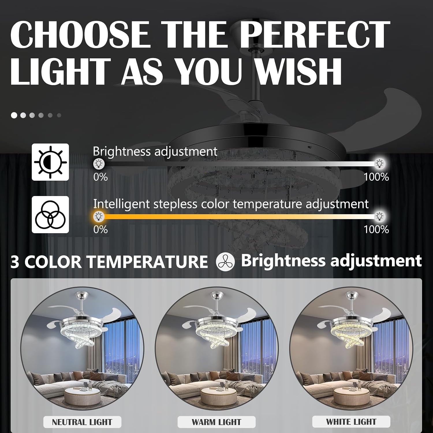 42' Crystal Ceiling Fan with Lights,Modern DIY Crystal Chandelier Ceiling Fan with Remote Control,Invisible Retractable Ceiling Fan for Living Room Bedroom Dining Room (Small Crystal, Silver)