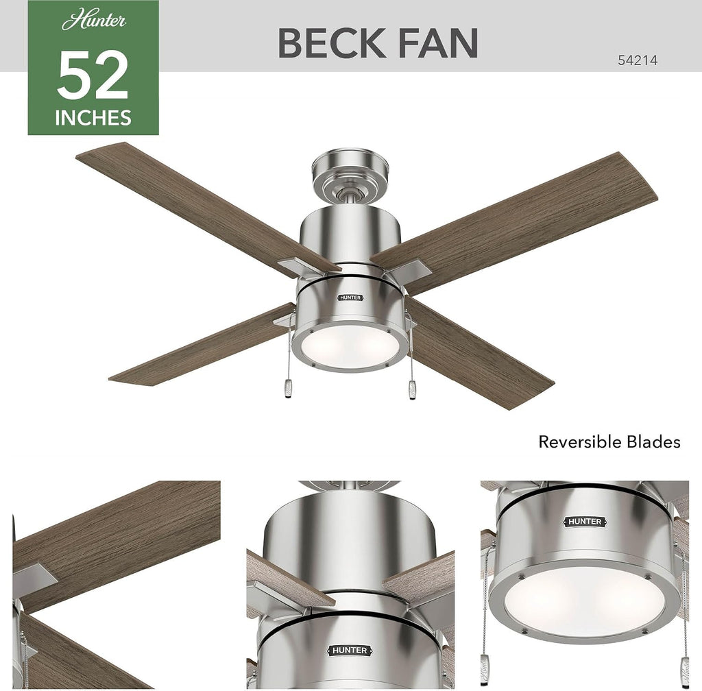 Hunter 52 inch Indoor Ceiling Fan with LED Light - Ceiling Fan with Pull Chain, For Bedroom, Living Room, or Kitchen, Standard Mount, No Remote, 4 Blades - Beck 54214, Brushed Nickel