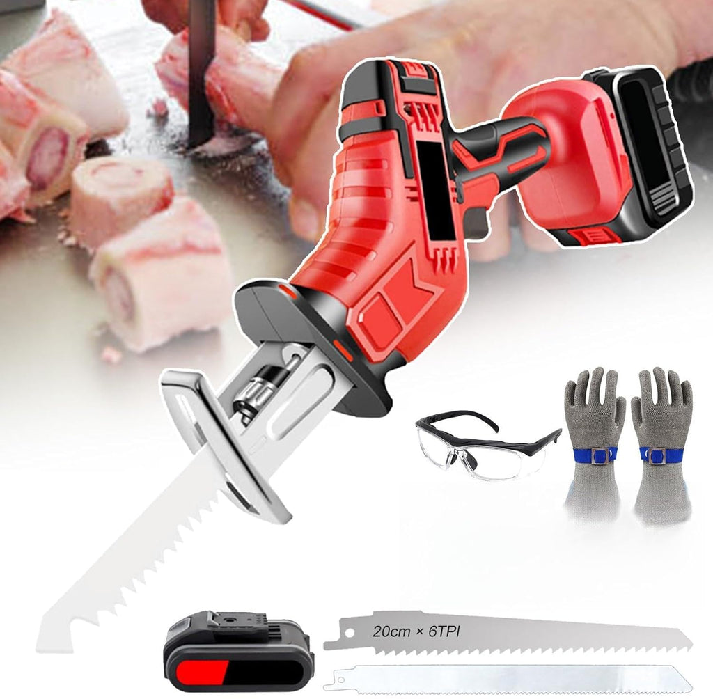 Cordless Bone Saw Machine-Electric Reciprocating Saw-Butcher Cutting Machine with Rechargeable Battery & 5 Blades & storage box,Electric Hand Saw Meat Cutter for Bone/Wood/Metal,1Battery
