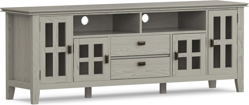 SIMPLIHOME Artisan TV Stand - 72 inch Wide Solid Wood Media Console in Fog Grey, Contemporary Entertainment Center for Living Room for TVs up to 80 Inches with Glass Cabinets and Cable Management