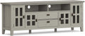 SIMPLIHOME Artisan TV Stand - 72 inch Wide Solid Wood Media Console in Fog Grey, Contemporary Entertainment Center for Living Room for TVs up to 80 Inches with Glass Cabinets and Cable Management
