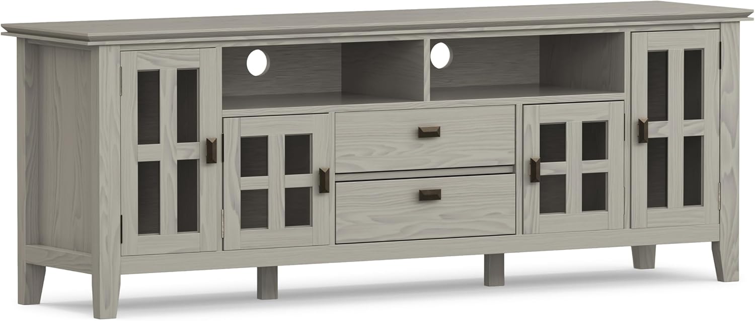 SIMPLIHOME Artisan TV Stand - 72 inch Wide Solid Wood Media Console in Fog Grey, Contemporary Entertainment Center for Living Room for TVs up to 80 Inches with Glass Cabinets and Cable Management