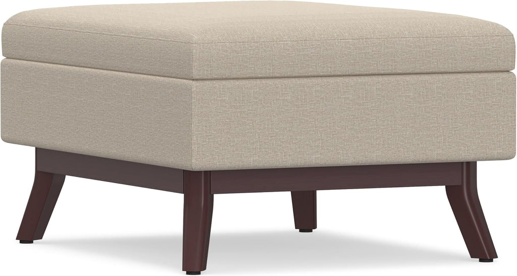 SIMPLIHOME Owen Coffee Table Storage Ottoman - 34' Wide x 19' High Upholstered Linen Look Fabric Rectangular Lift-Top Ottoman in Natural, Mid-Century Modern Bench for Living Room with Tapered Legs